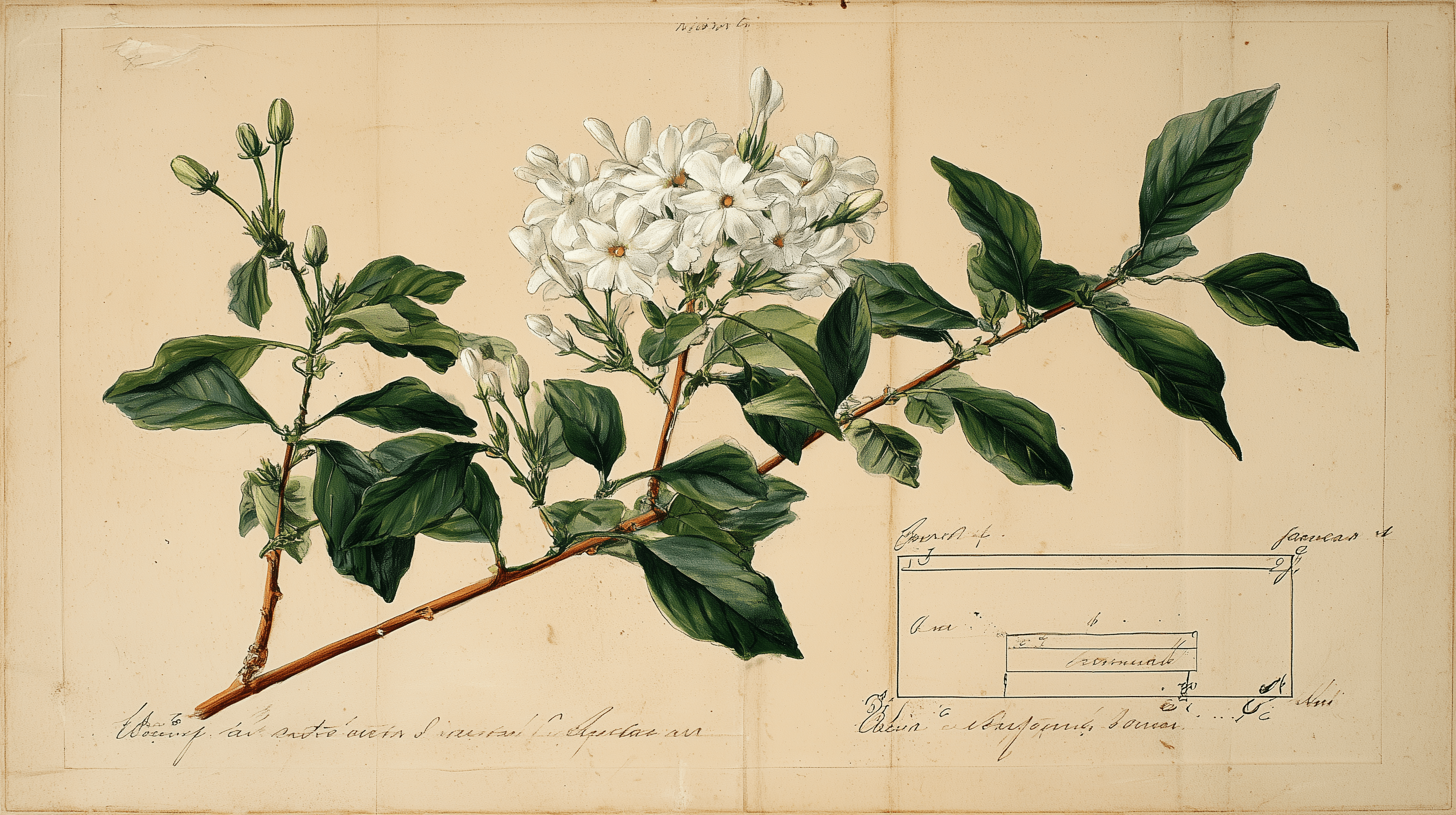 Hawaiian pikake jasmine botanical specimen with answer box diagram overlay, 18th century natural history plate style