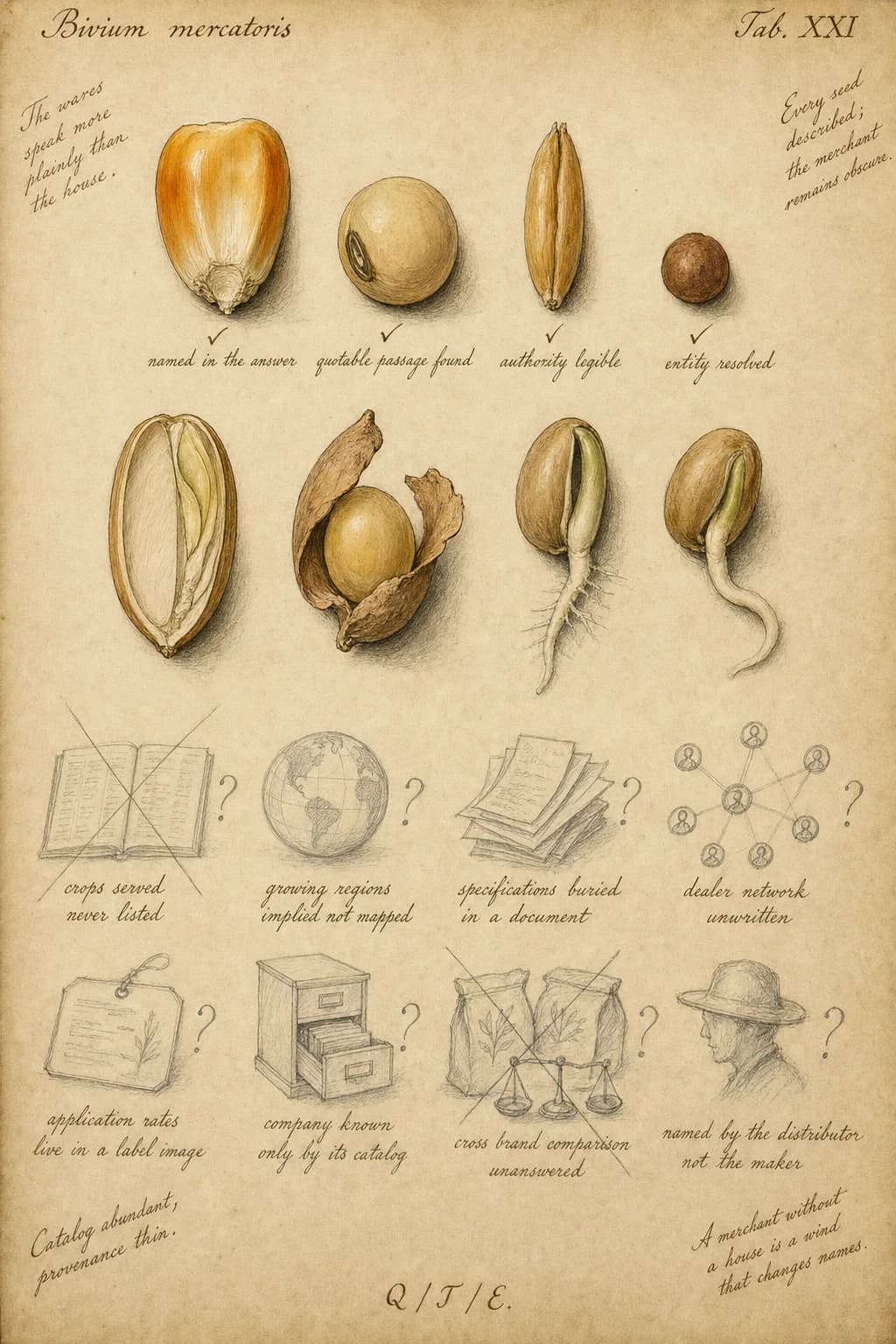 A natural history plate labeled Bivium mercatoris, Tab. XXI. A comparative seed study is worked up in finished ink and watercolor showing a maize kernel, a soybean, a wheat grain, and a clover seed, with detail studies of a seed cut in longitudinal section, a seed with its coat peeling away, and two germinating seeds with rootlets emerging. Four observations are ticked as confirmed: named in the answer, quotable passage found, authority legible, entity resolved. Eight further observations stay in bare graphite with question marks, among them crops served never listed, growing regions implied not mapped, specifications buried in a document, dealer network unwritten, application rates live in a label image, company known only by its catalog, cross brand comparison unanswered, and named by the distributor not the maker. A margin note reads: The wares speak more plainly than the house.