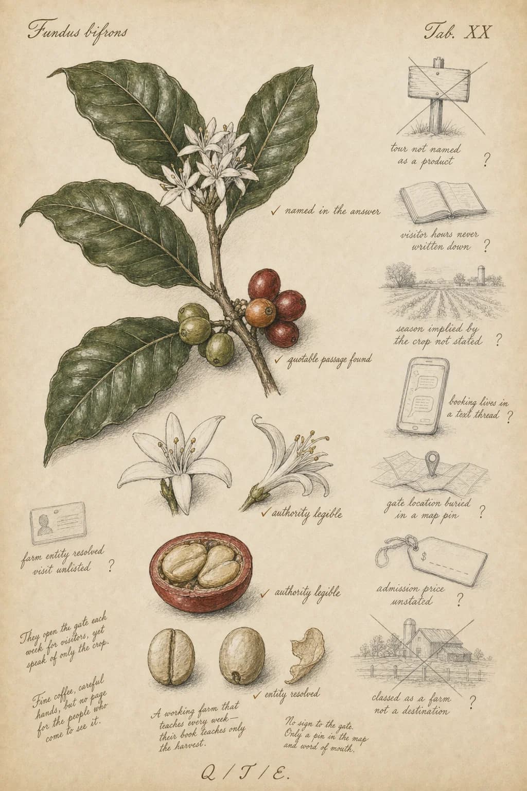 A natural history plate labeled Fundus bifrons, Tab. XX. A coffee branch is worked up in finished ink and watercolor with paired leaves, white blossoms, and cherries in three stages of ripeness, alongside detail studies of a flower, a cherry cut in section showing two seeds seated in the pulp, and bare seeds with a scrap of parchment skin. Four observations are ticked as confirmed: named in the answer, quotable passage found, authority legible, entity resolved. Eight further observations stay in bare graphite with question marks, among them tour not named as a product, visitor hours never written down, season implied by the crop not stated, booking lives in a text thread, gate location buried in a map pin, admission price unstated, and classed as a farm not a destination. A margin note reads: They open the gate each week for visitors, yet speak of only the crop.