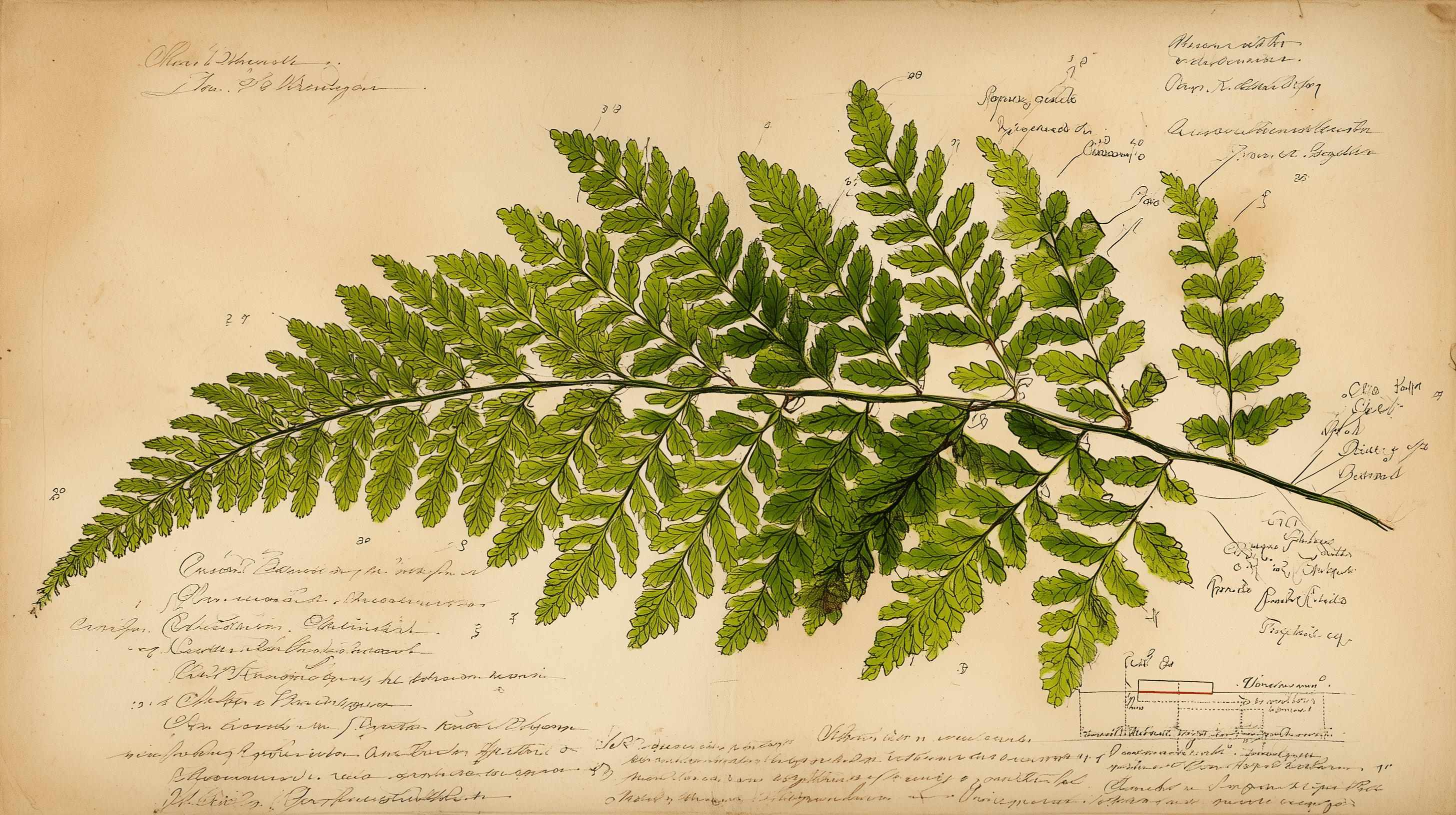 Hawaiian Palapalai fern botanical specimen with LLM query interface diagram overlay, 18th century natural history plate style