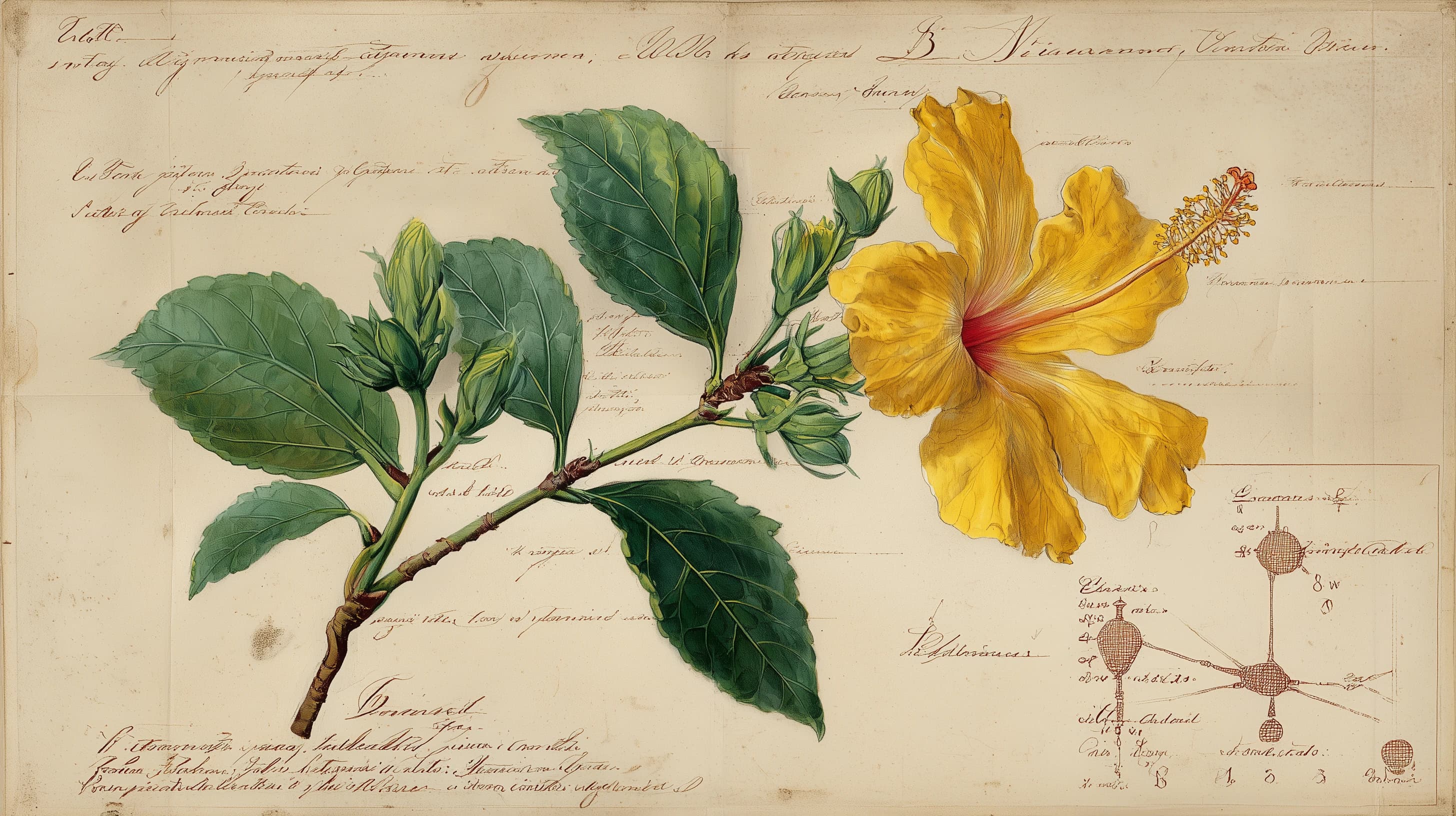 Hawaiian yellow hibiscus botanical specimen with entity relationship diagram overlay, 18th century natural history plate style
