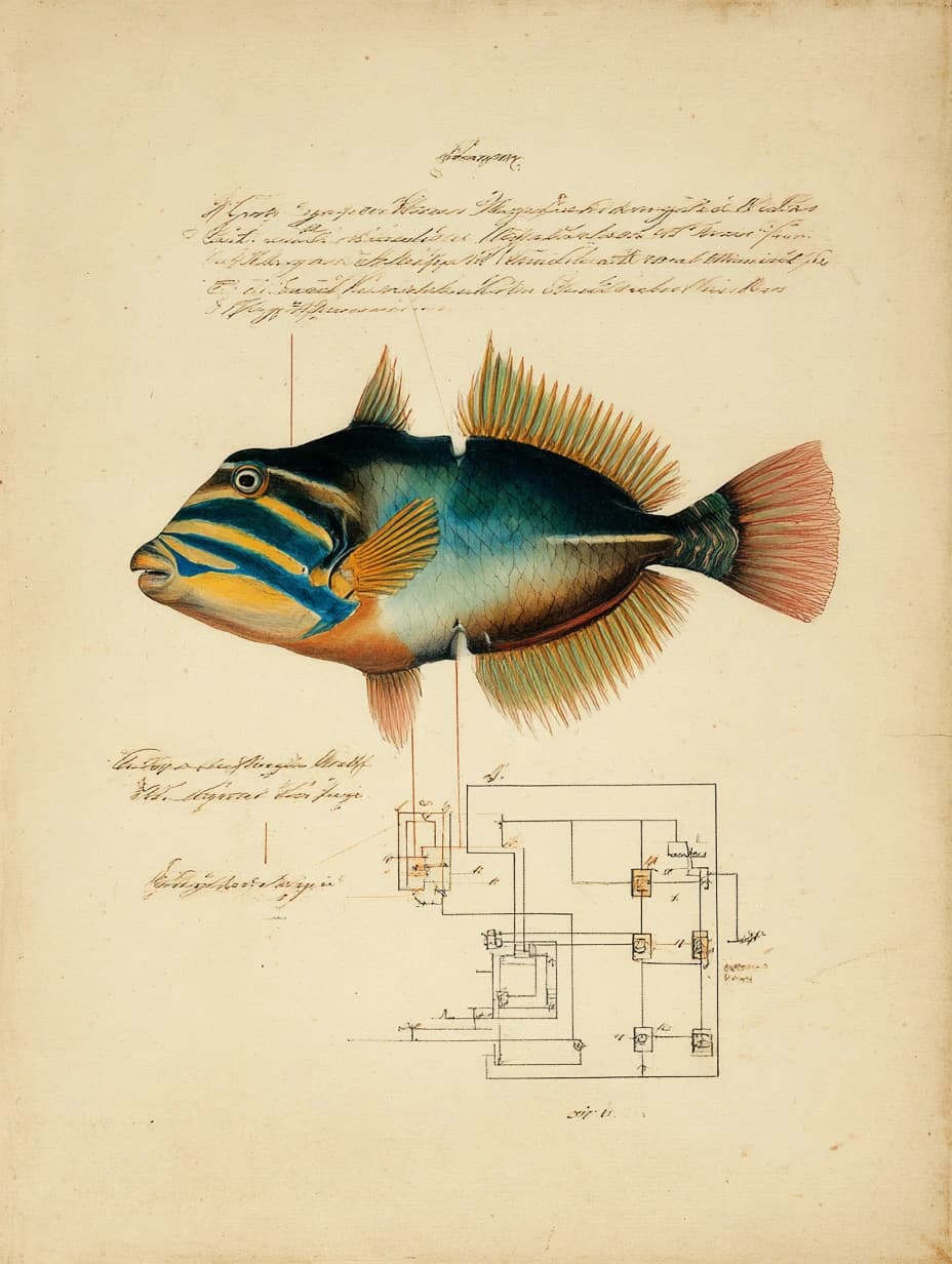 Hawaiian humuhumunukunukuapuaʻa reef triggerfish with RAG retrieval diagram overlay, 18th century naturalist illustration style