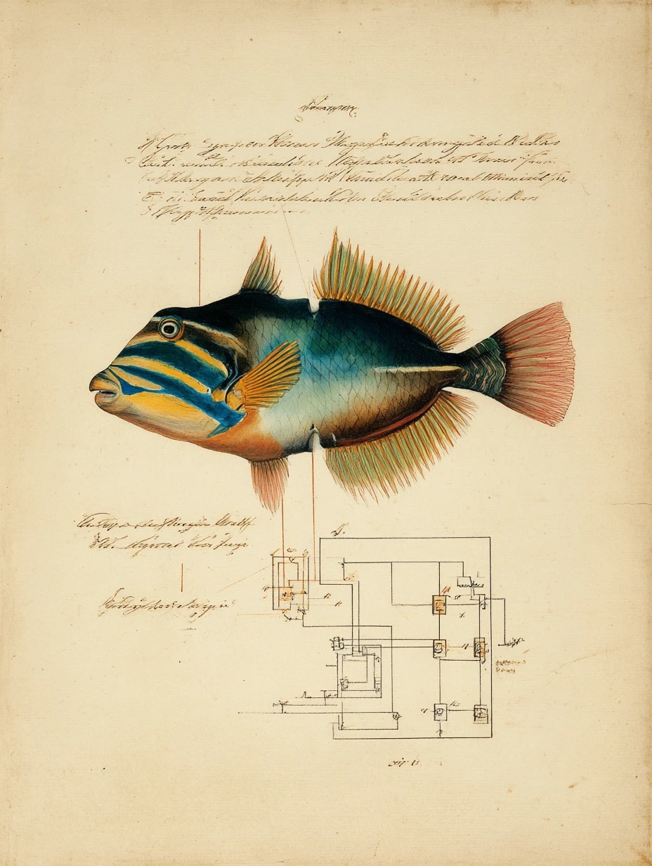Hawaiian humuhumunukunukuapuaʻa reef triggerfish with RAG retrieval diagram overlay, 18th century naturalist illustration style