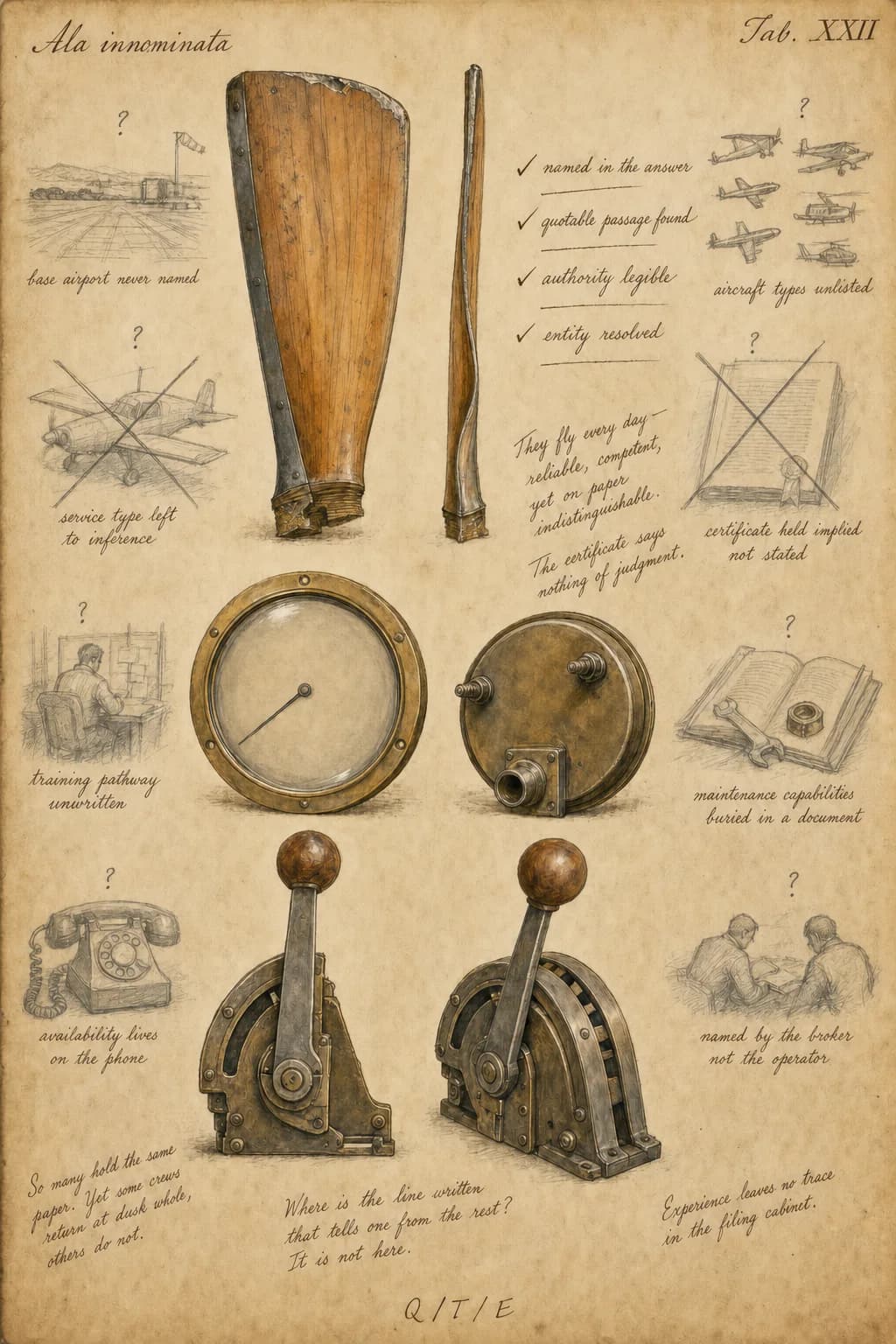 A natural history plate labeled Ala innominata, Tab. XXII. Three aviation objects are worked up in finished ink and watercolor: a laminated wood propeller blade with a metal leading edge shown flat and turned on edge to show its twist, a round panel instrument with a brass bezel and a completely blank dial face with a single needle at rest shown from the front and from the back with its mounting studs and connection port, and a cockpit throttle lever with a worn ball knob shown from two angles. Four observations are ticked as confirmed: named in the answer, quotable passage found, authority legible, entity resolved. Eight further observations stay in bare graphite with question marks, among them base airport never named, service type left to inference, aircraft types unlisted, certificate held implied not stated, training pathway unwritten, maintenance capabilities buried in a document, availability lives on the phone, and named by the broker not the operator. A margin note reads: Where is the line written that tells one from the rest? It is not here.