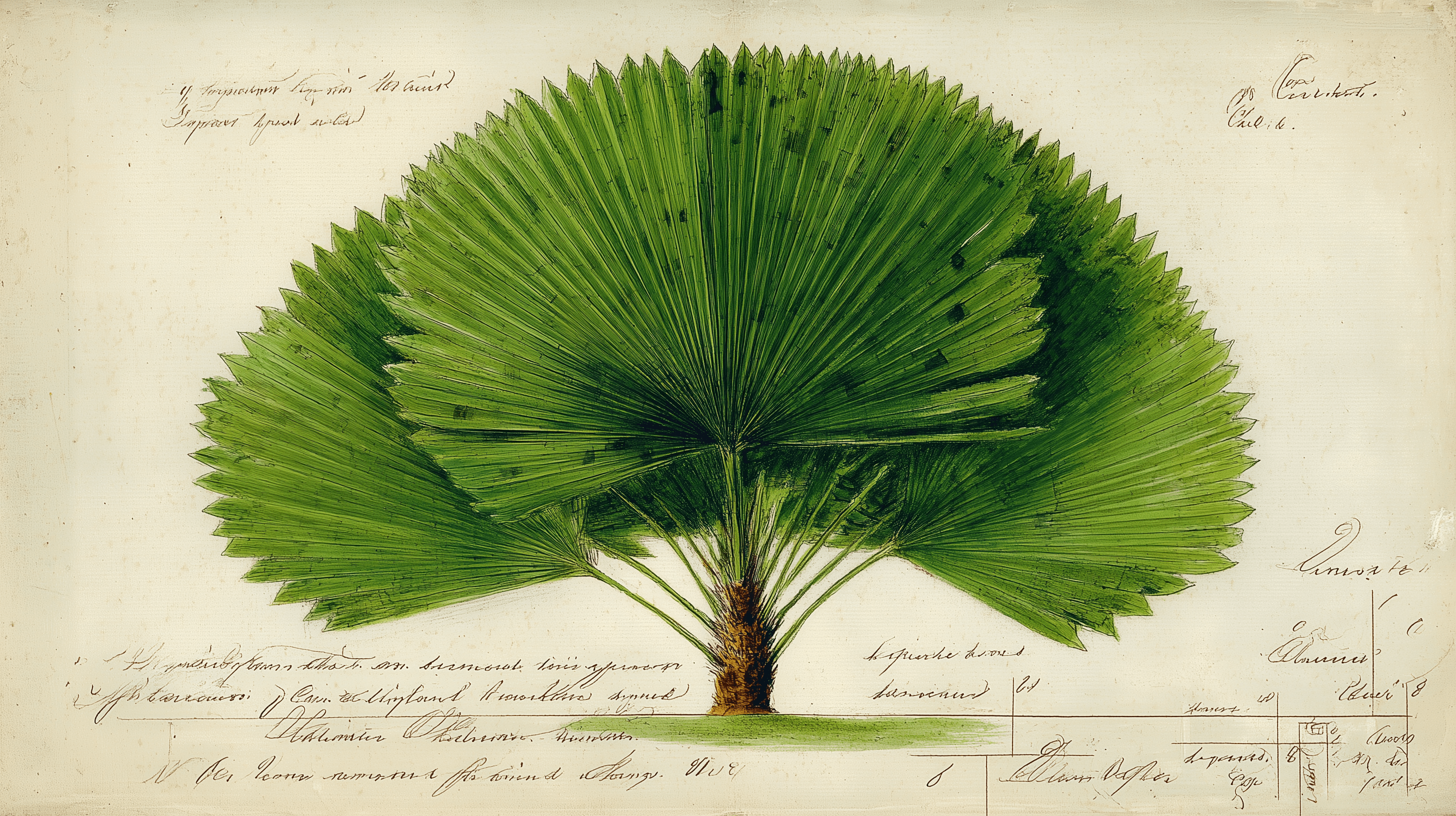 Hawaiian Pritchardia loulu palm botanical specimen with citation markup diagram overlay, 18th century natural history plate style