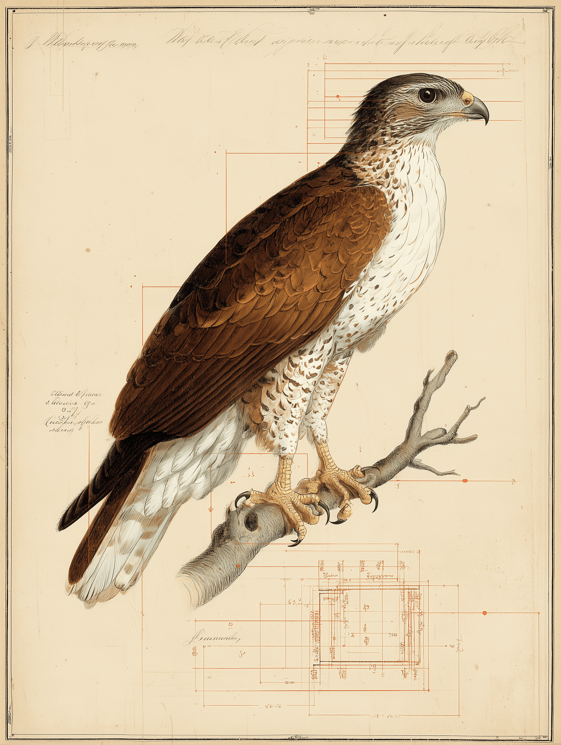Hawaiian ʻIo hawk specimen perched on branch with content parsing diagram overlay, 18th century naturalist illustration style