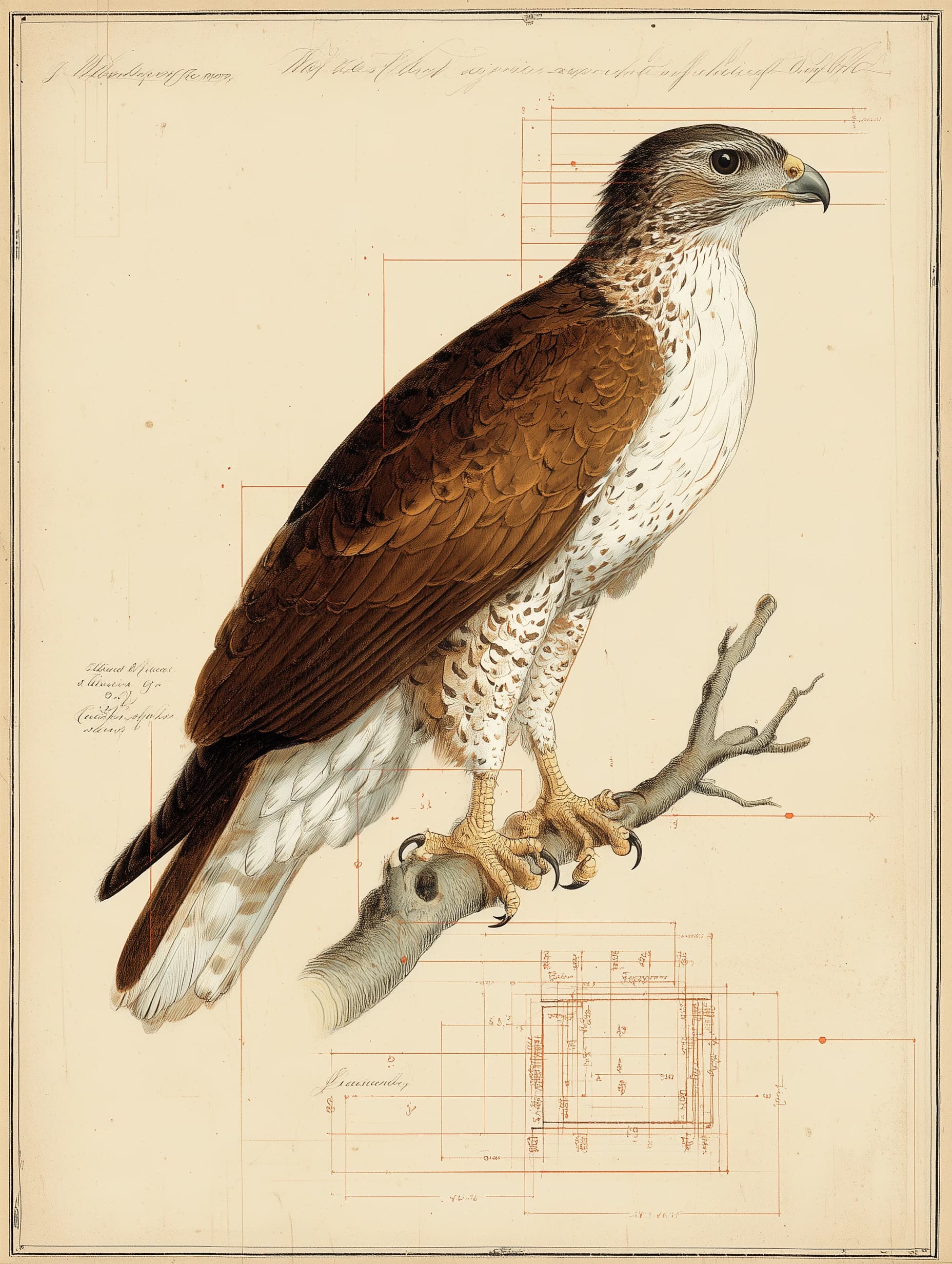 Hawaiian ʻIo hawk specimen perched on branch with content parsing diagram overlay, 18th century naturalist illustration style