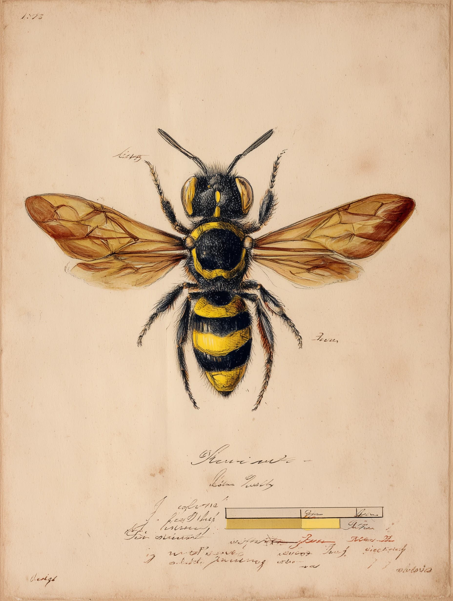Hawaiian yellow-faced bee Hylaeus specimen with gap analysis diagram overlay, 18th century naturalist illustration style