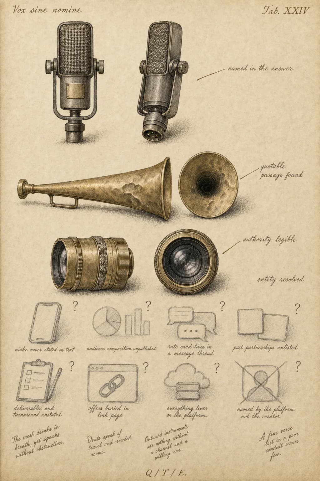 A natural history plate labeled Vox sine nomine, Tab. XXIV. Three objects are worked up in finished ink and watercolor, each shown from two angles: a ribbon microphone in a yoke mount with a woven mesh grille and a blank badge plate bearing no marking, a dented brass speaking trumpet shown from the side and looking into the bell, and a camera lens removed from its body with knurled focus and aperture rings. Four observations are confirmed: named in the answer, quotable passage found, authority legible, entity resolved. Eight further observations stay in bare graphite with question marks, among them niche never stated in text, audience composition unpublished, rate card lives in a message thread, past partnerships unlisted, deliverables and turnaround unstated, offers buried in a link page, everything lives on the platform, and named by the platform not the creator. A margin note reads: Outward instruments are nothing without a channel and a willing ear.