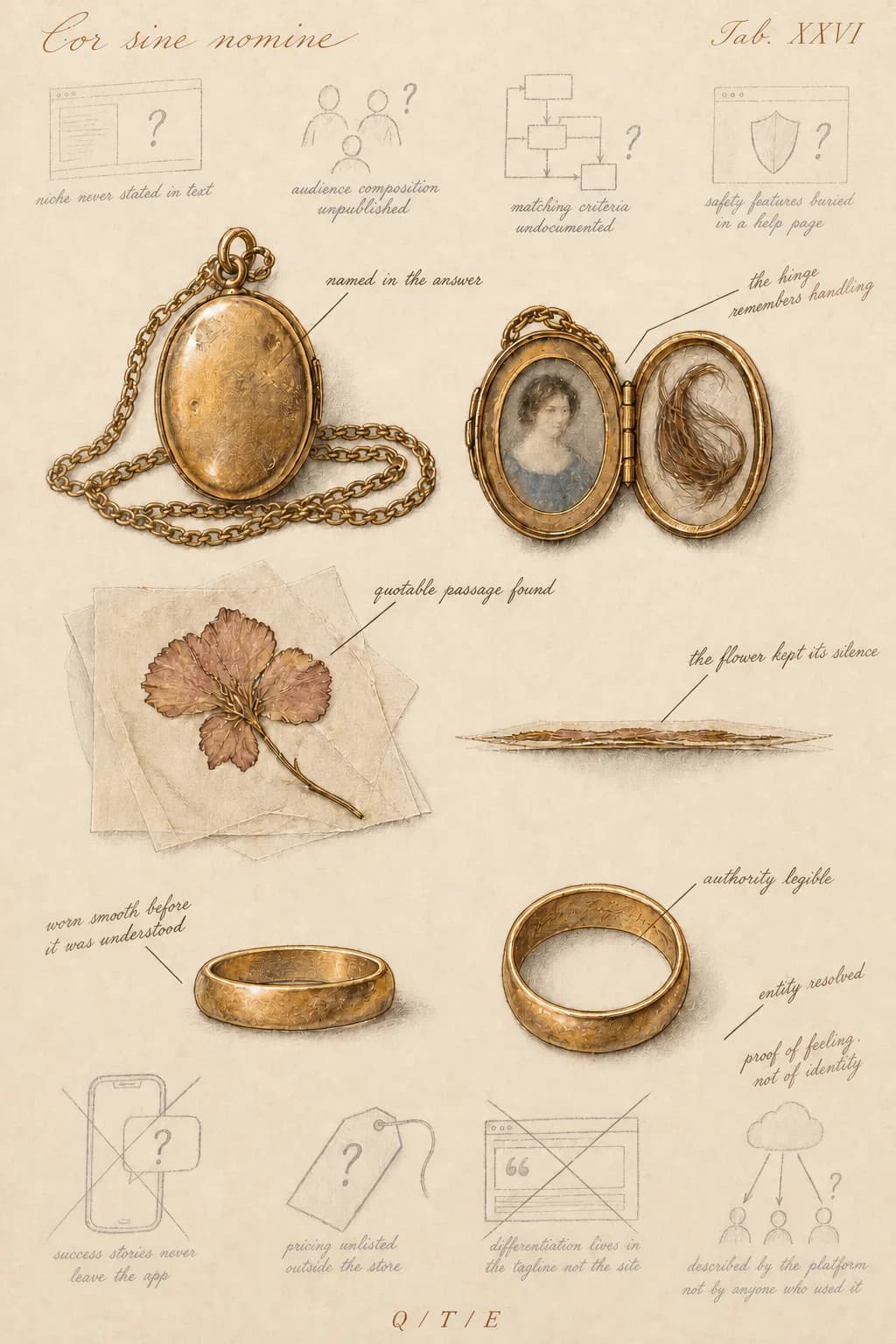 A naturalist's specimen plate titled Cor sine nomine, Tab. XXVI, studying how an AI assistant decides whether to name a dating app. Three keepsakes are worked up in finished color as confirmed observations: a locket hinged open to a portrait miniature and a lock of hair, a pressed flower between sheets of tissue, and a posy ring. Their annotations read named in the answer, quotable passage found, authority legible, and entity resolved. Eight observations remain unresolved graphite sketches marked with question marks: niche never stated in text, audience composition unpublished, matching criteria undocumented, safety features buried in a help page, success stories never leave the app, pricing unlisted outside the store, differentiation lives in the tagline not the site, and described by the platform not by anyone who used it. A footer marks three measures: Q, T, E, for quotability, topical authority, and entity confidence.