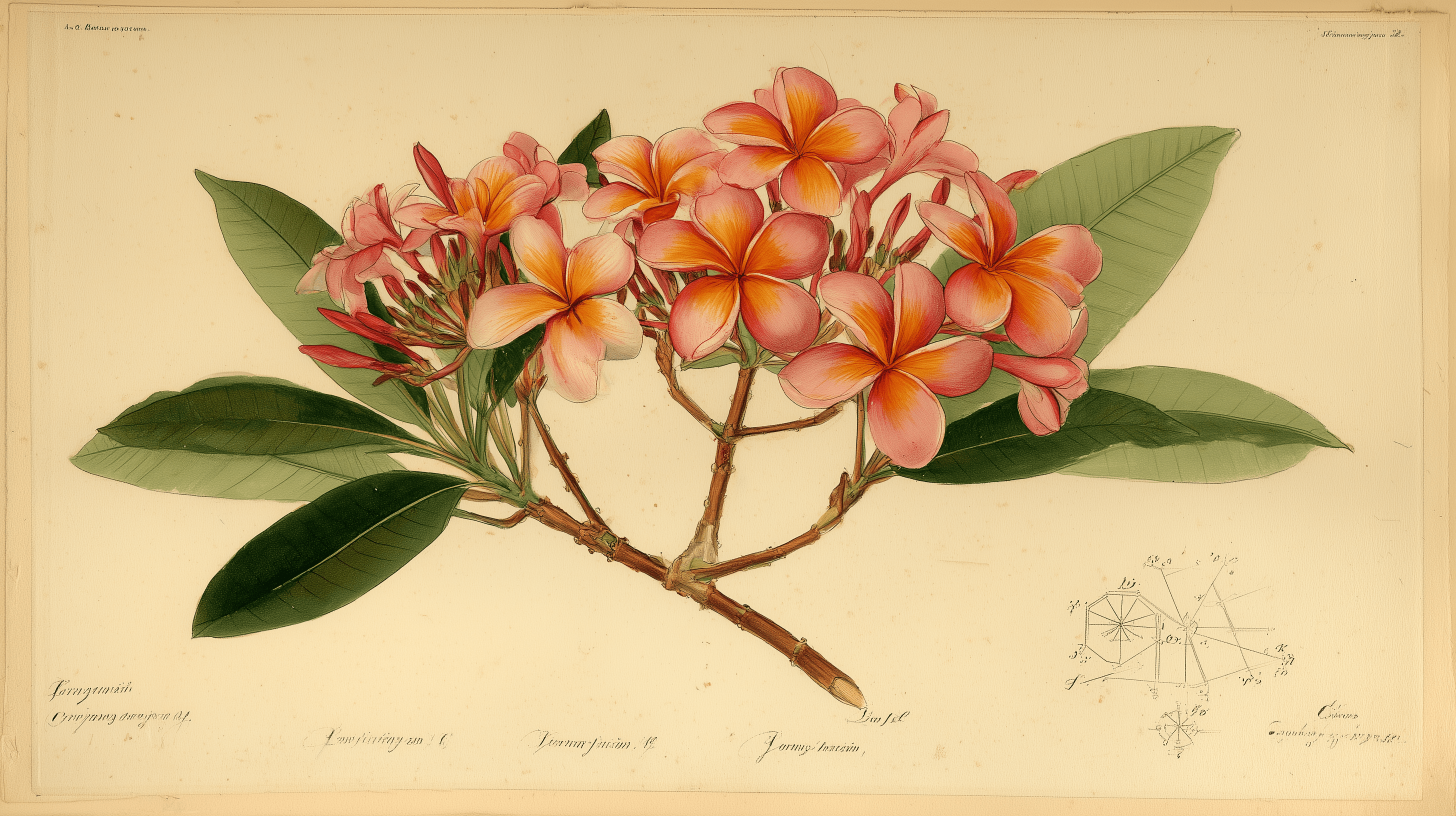 Hawaiian plumeria Kāneʻohe Sunburst botanical specimen with entity node diagram overlay, 18th century natural history plate style