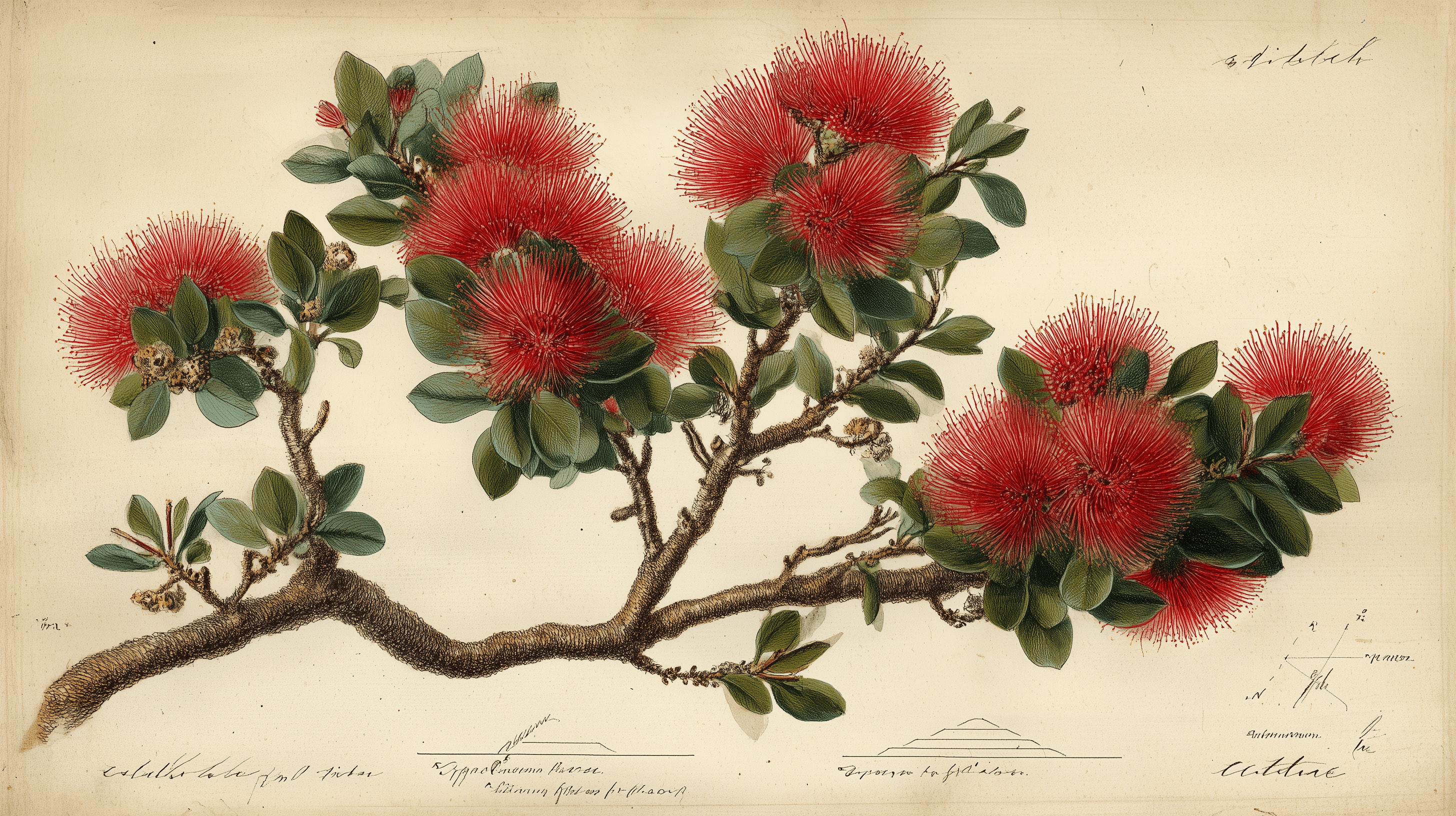Hawaiian ʻōhiʻa lehua flowering tree botanical specimen with strategy pyramid diagram overlay, 18th century natural history plate style