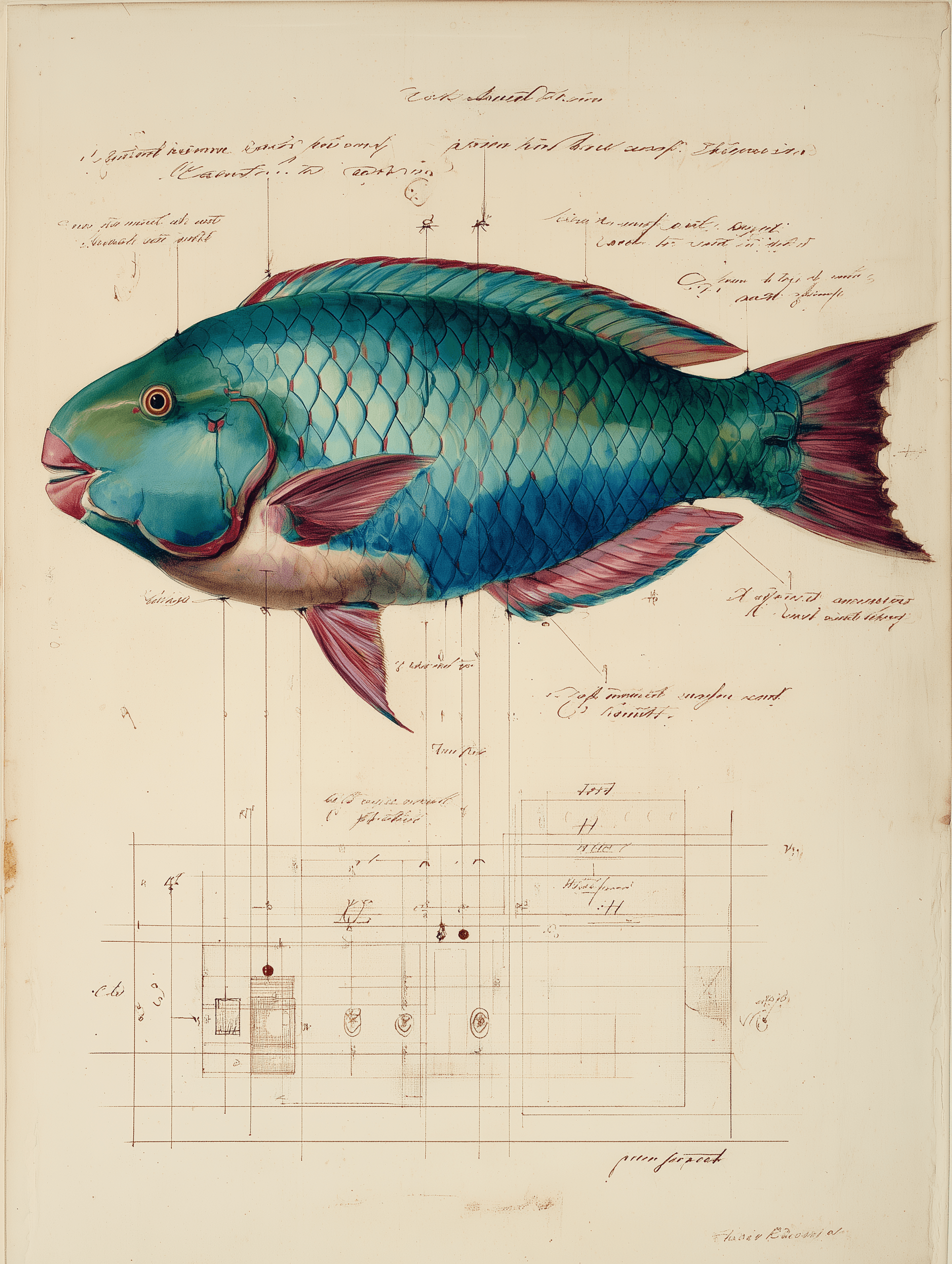 Hawaiian uhu parrotfish specimen in vertical orientation with strategic framework diagram overlay, 18th century naturalist illustration style