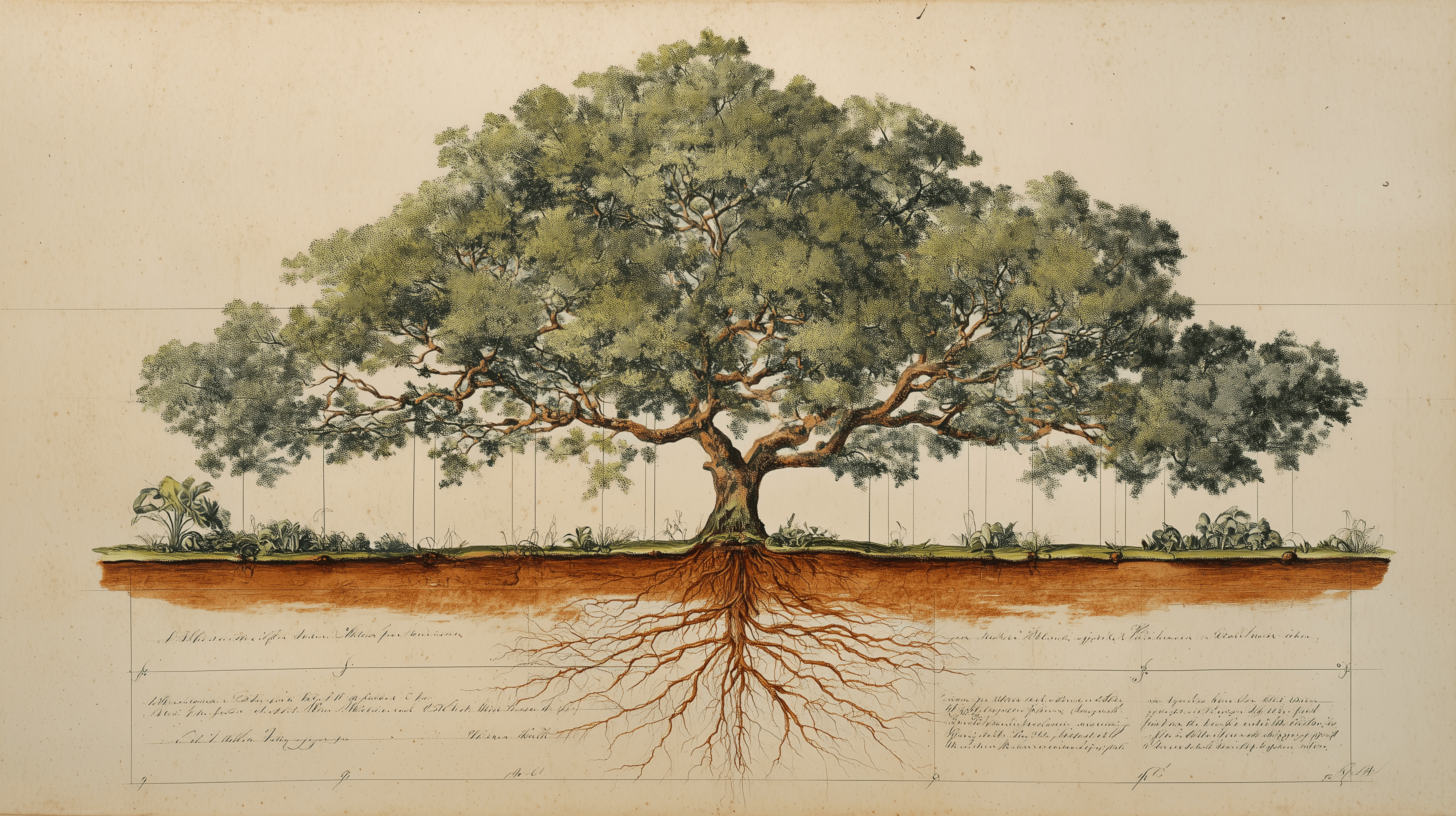 Hawaiian koa tree botanical specimen with exposed root system, 18th century natural history plate style