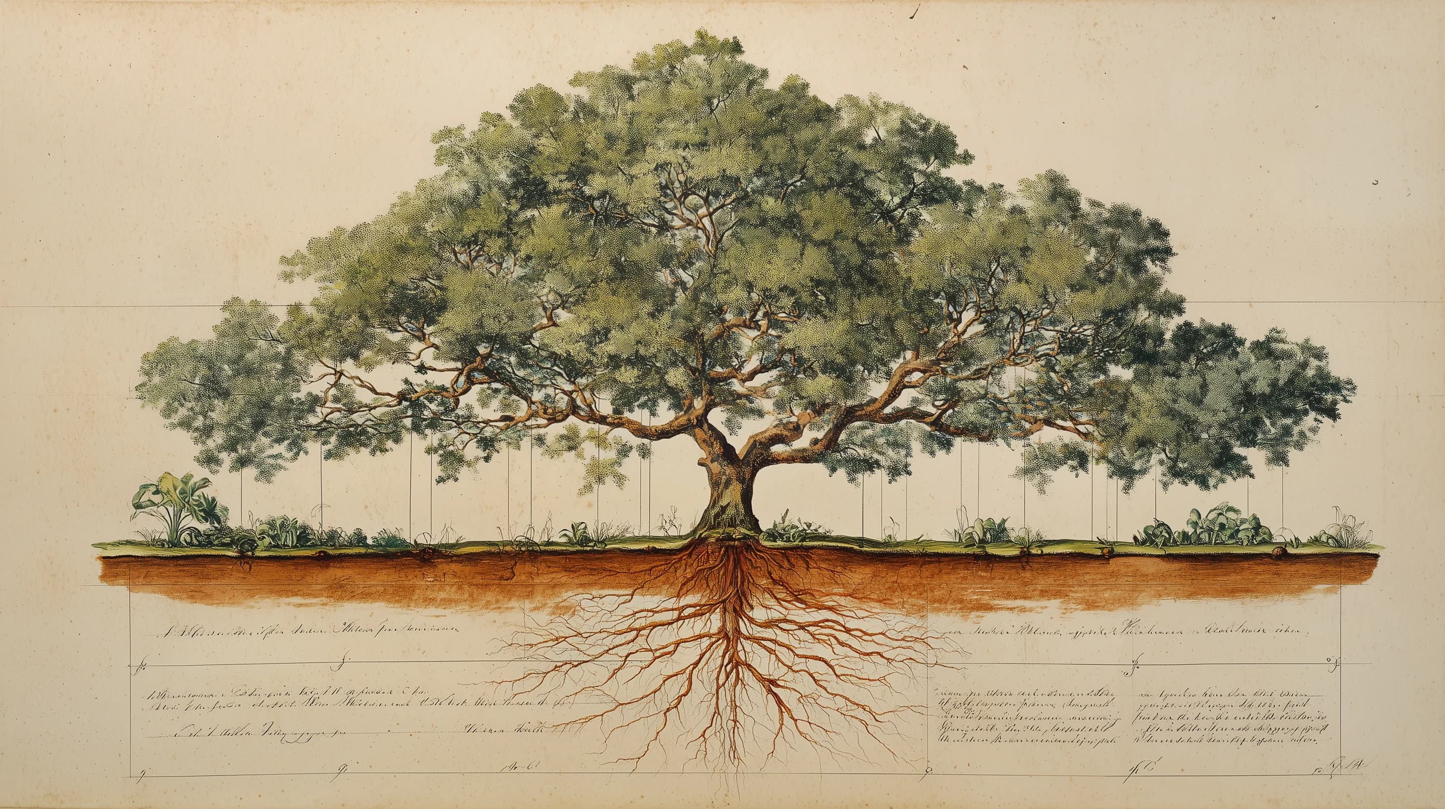 Hawaiian koa tree botanical specimen with exposed root system, 18th century natural history plate style
