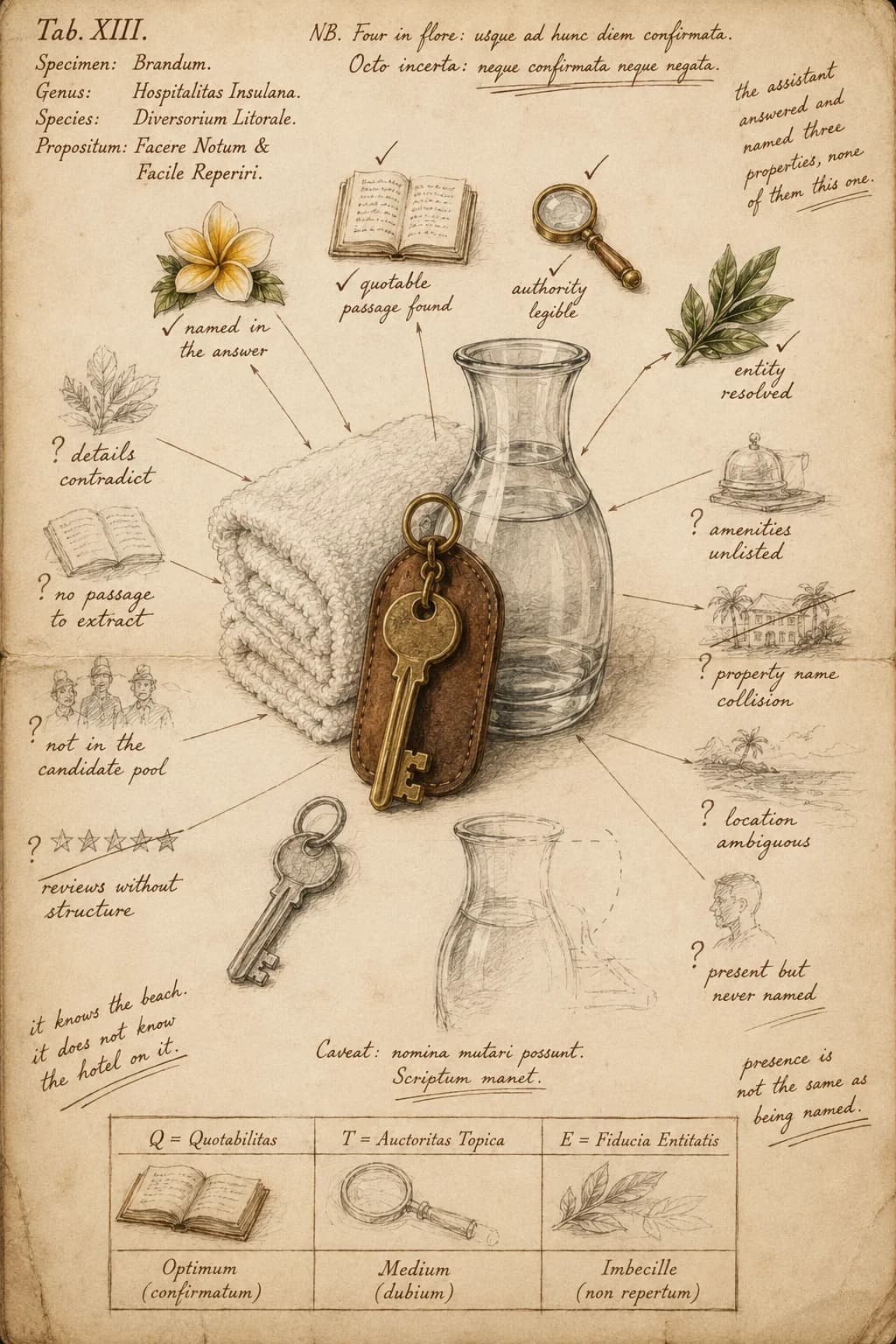 A naturalist's working notebook page studying a room key, folded towel, and water carafe, with annotation lines running to twelve observations. Four are confirmed and worked up in finished color: named in the answer, quotable passage found, authority legible, entity resolved. Eight remain unresolved sketches marked with question marks: details contradict, no passage to extract, not in the candidate pool, reviews without structure, amenities unlisted, property name collision, location ambiguous, present but never named.