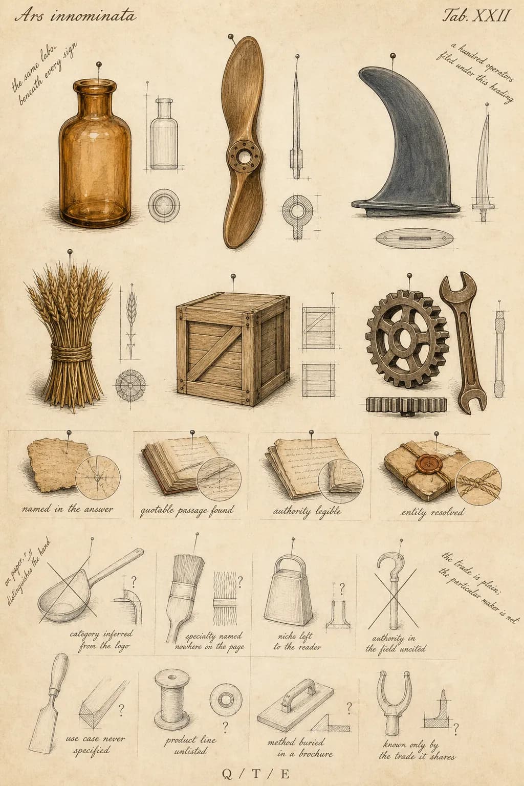 A naturalist's specimen plate titled Ars innominata, the unnamed trade, studying an amber apothecary bottle, a wooden propeller, a surfboard fin, a sheaf of wheat, a shipping crate, and a gear paired with a wrench, with annotation lines running to twelve observations. Four are confirmed and worked up in finished color: named in the answer, quotable passage found, authority legible, entity resolved. Eight remain unresolved sketches marked with question marks: category inferred from the logo, specialty named nowhere on the page, niche left to the reader, authority in the field uncited, use case never specified, product line unlisted, method buried in a brochure, and known only by the trade it shares.