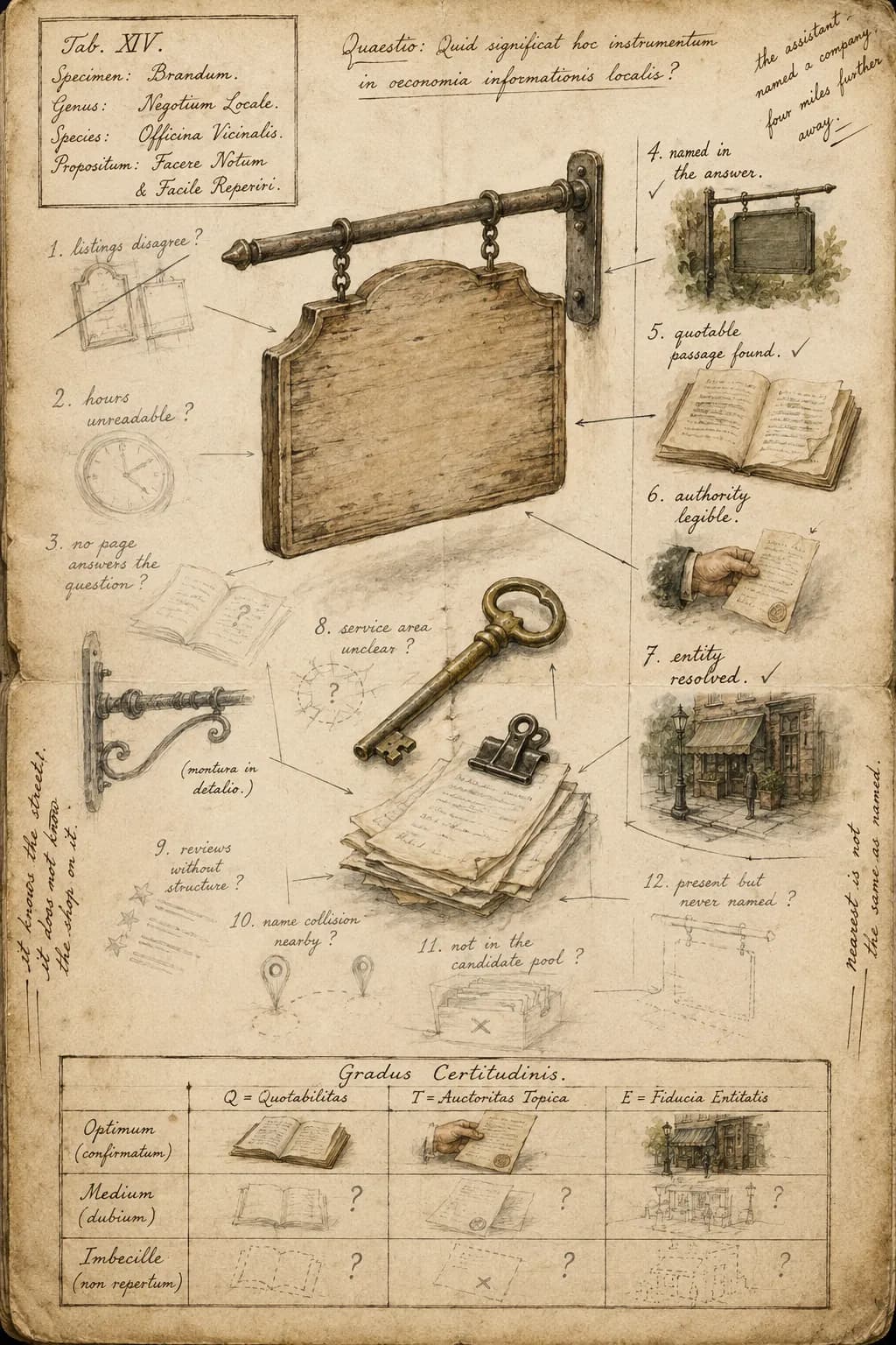 A naturalist's working notebook page studying a shop sign, door key, and receipt stack, with annotation lines running to twelve observations. Four are confirmed and worked up in finished color: named in the answer, quotable passage found, authority legible, entity resolved. Eight remain unresolved sketches marked with question marks: listings disagree, hours unreadable, no page answers the question, service area unclear, reviews without structure, name collision nearby, not in the candidate pool, present but never named. A local business can sit in the unresolved eight.