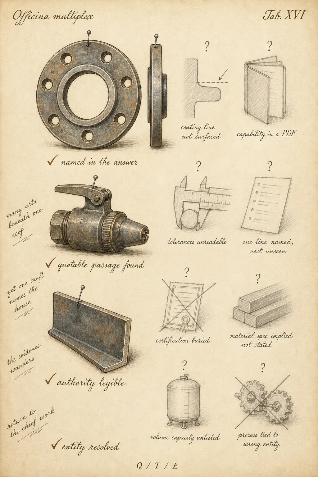 A naturalist's specimen plate titled Officina multiplex, Tab. XVI. Three industrial objects are drawn in finished ink and watercolor: a bolted flange shown face on and in profile, a coating valve, and a length of structural channel. Four are marked confirmed, named in the answer, quotable passage found, authority legible, entity resolved. Eight are left as unresolved graphite sketches, coating line not surfaced, capability in a PDF, tolerances unreadable, one line named rest unseen, certification buried, material spec implied not stated, volume capacity unlisted, and process tied to wrong entity. The plate shows a shop that does many kinds of work but is recognized by a model for only one.