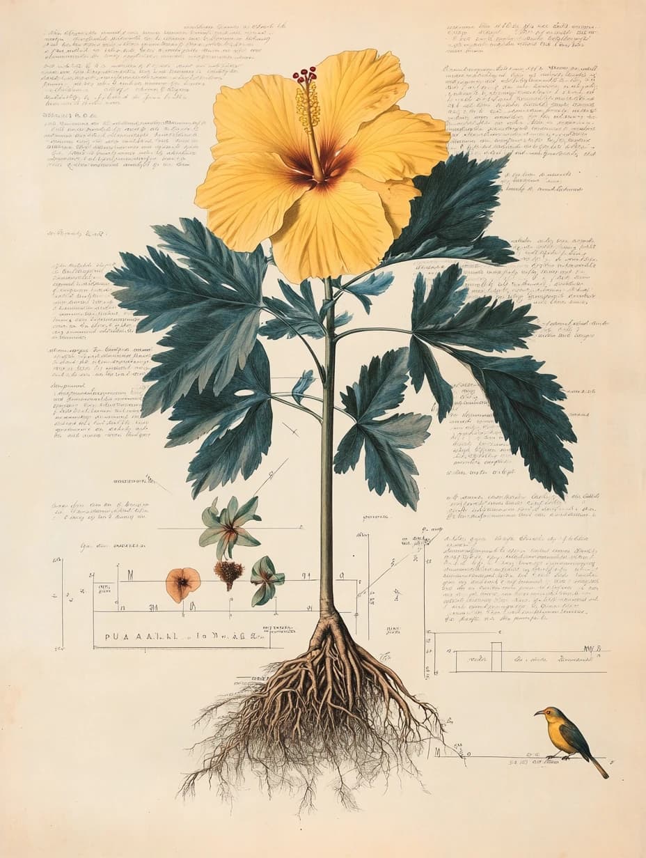 Hawaiian hibiscus botanical specimen, 18th century natural history plate style