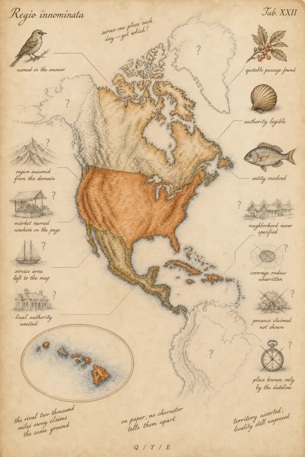 A naturalist's map-plate of the Americas titled Regio innominata, the unnamed region, studying North America, the Caribbean, Central America, and a Hawaii inset, with annotation lines running to twelve observations. Four are confirmed and worked up in finished color: named in the answer, quotable passage found, authority legible, entity resolved. Eight remain unresolved sketches marked with question marks: region assumed from the domain, market named nowhere on the page, service area left to the map, local authority uncited, neighborhood never specified, coverage radius unwritten, presence claimed not shown, and place known only by the dateline.