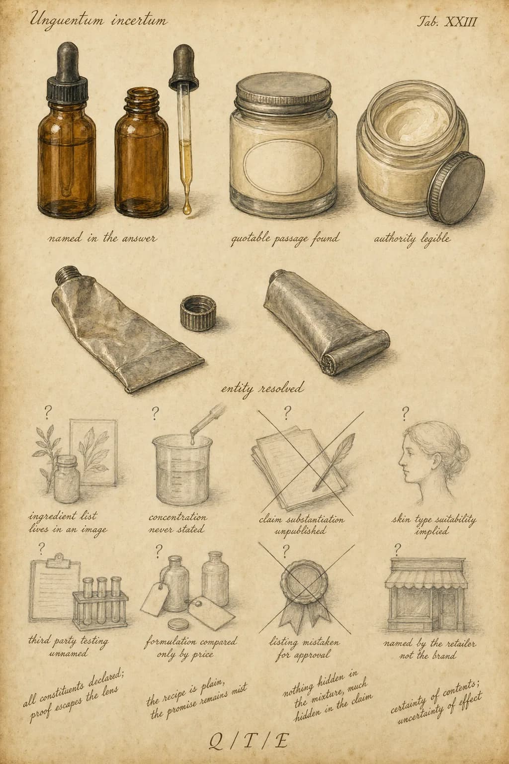 A natural history plate labeled Unguentum incertum, Tab. XXIII. Three apothecary objects are worked up in finished ink and watercolor: an amber glass dropper bottle shown stoppered and again with its pipette withdrawn holding a bead of fluid, a heavy walled glass cream jar with a completely blank oval label shown closed and again open with the lid beside it, and a collapsible metal ointment tube creased from use shown from the face and from the crimped end. Four observations are ticked as confirmed: named in the answer, quotable passage found, authority legible, entity resolved. Eight further observations stay in bare graphite with question marks, among them ingredient list lives in an image, concentration never stated, claim substantiation unpublished, skin type suitability implied, third party testing unnamed, formulation compared only by price, listing mistaken for approval, and named by the retailer not the brand. A margin note reads: All constituents declared, proof escapes the lens.