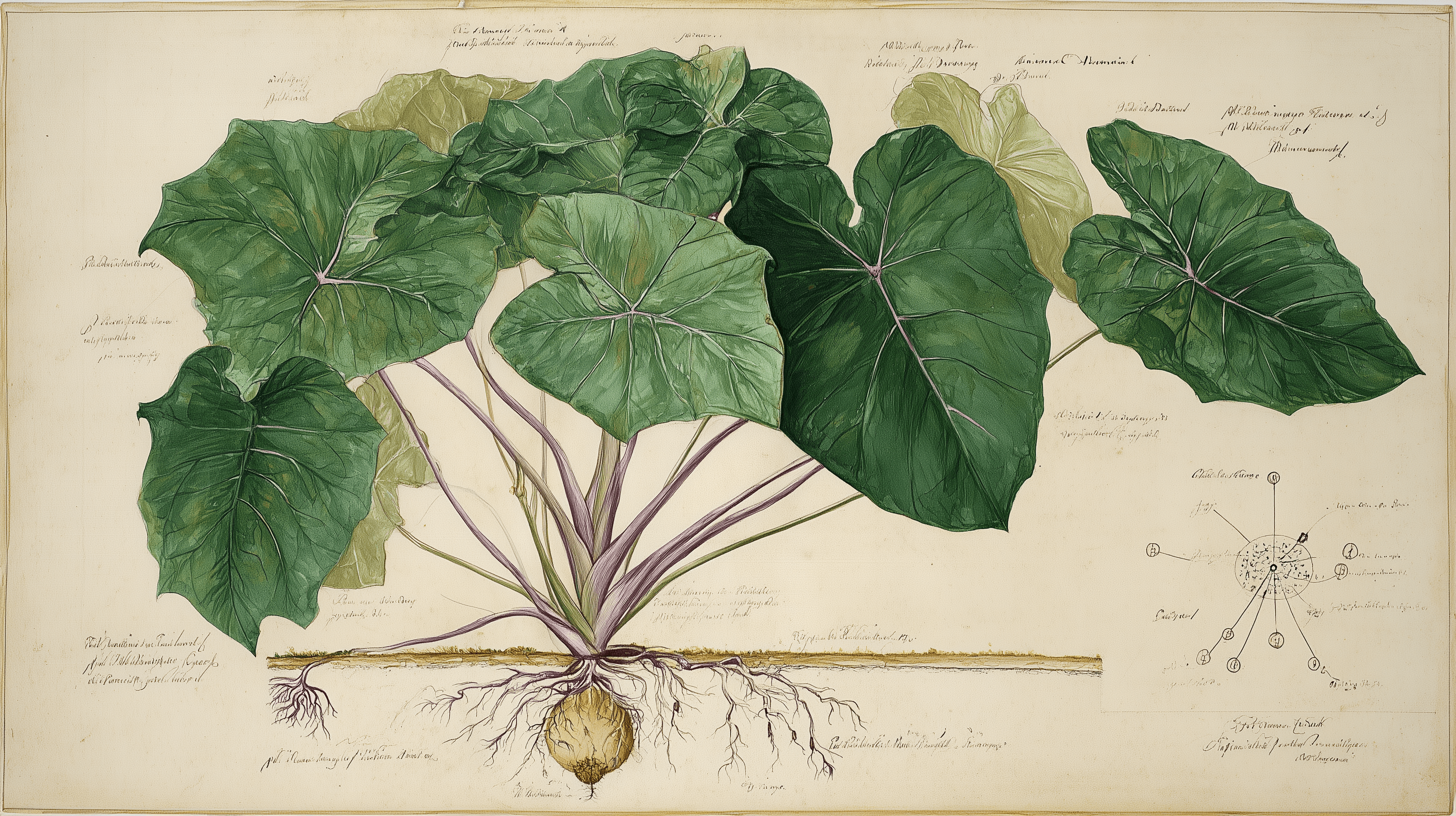 Hawaiian taro plant botanical specimen with social network diagram overlay, 18th century natural history plate style
