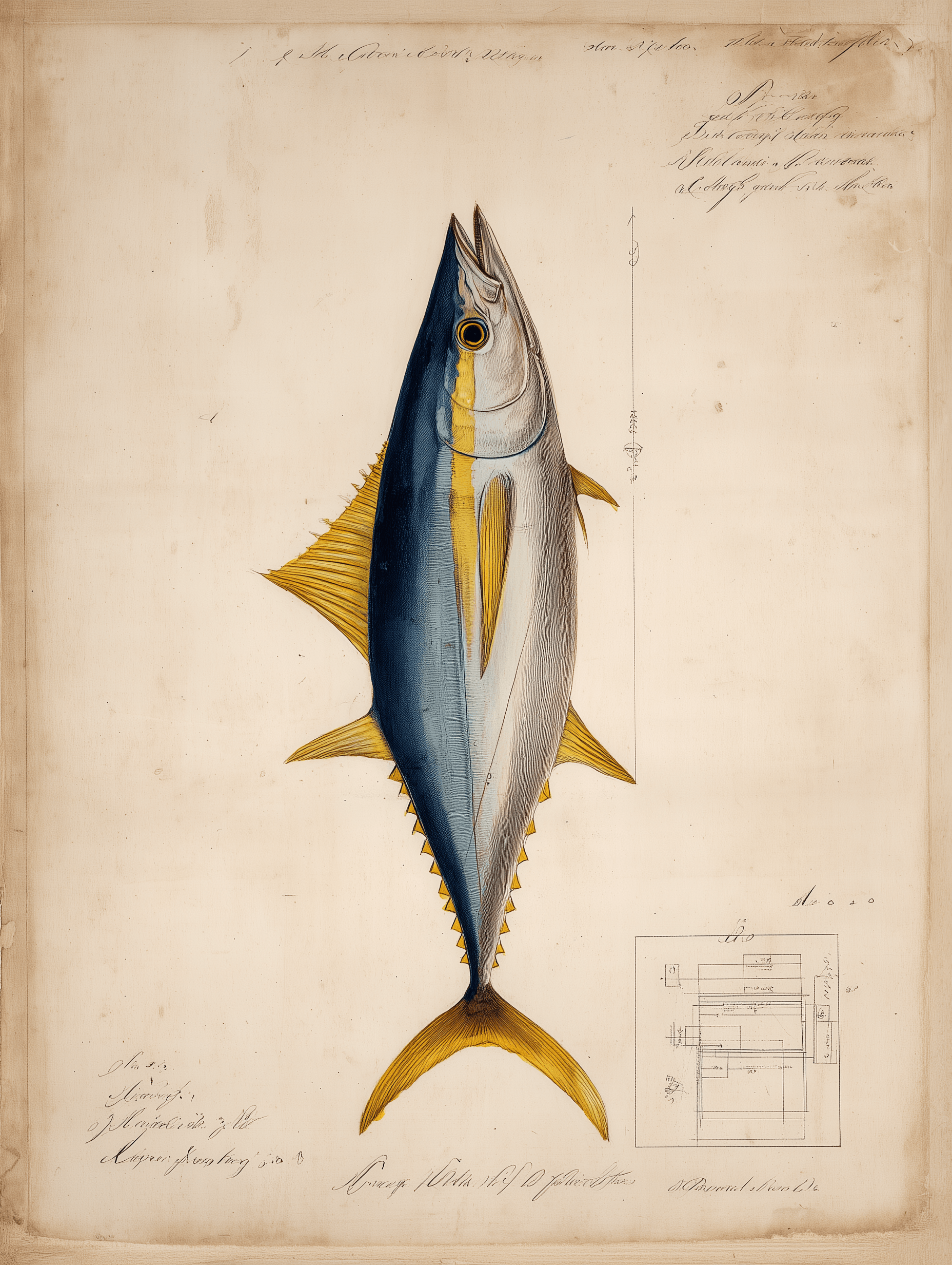 Hawaiian ahi yellowfin tuna specimen in vertical orientation with social discovery feed diagram overlay, 18th century naturalist illustration style