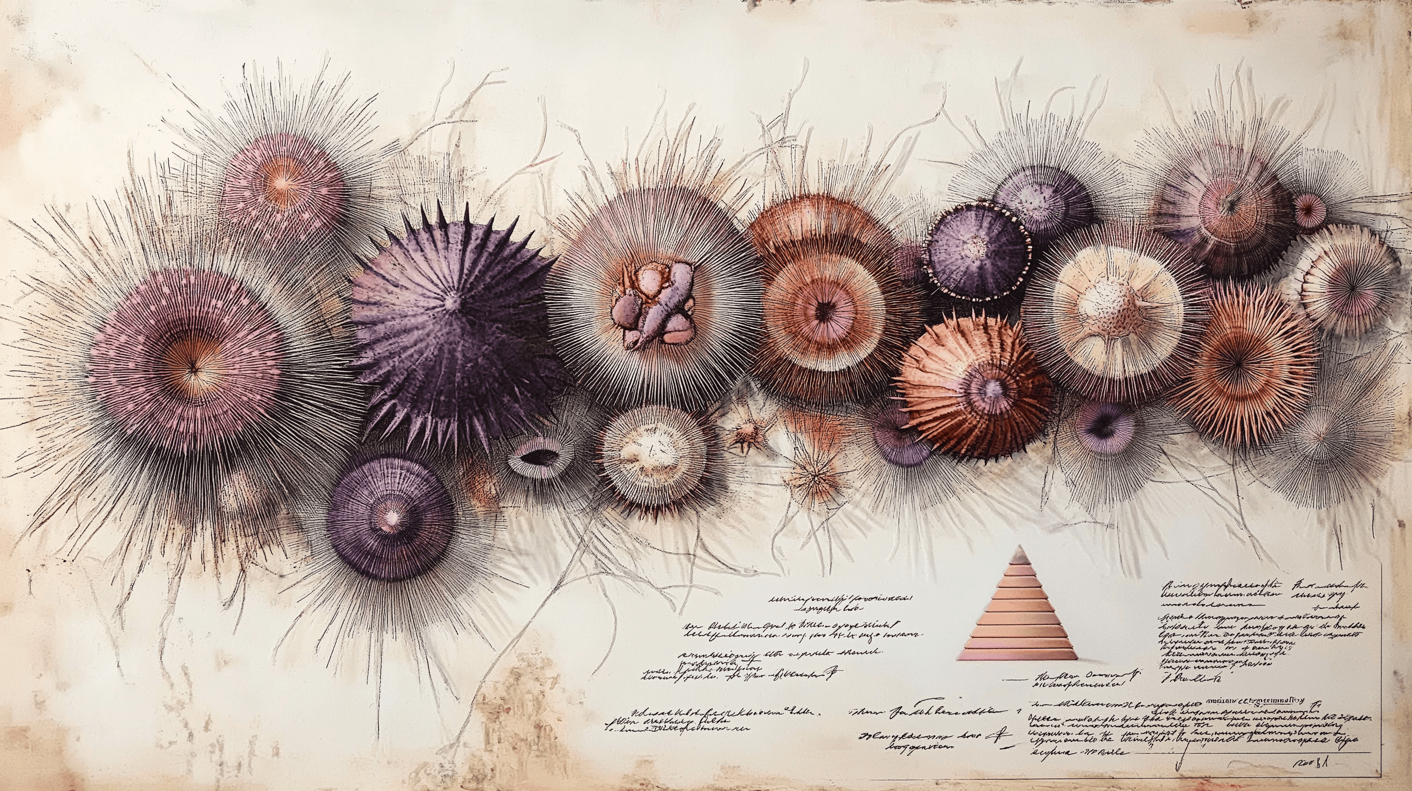 Hawaiian wana sea urchin specimens in varied colors clustered on sandy substrate with strategy pyramid diagram overlay, 18th century natural history plate style
