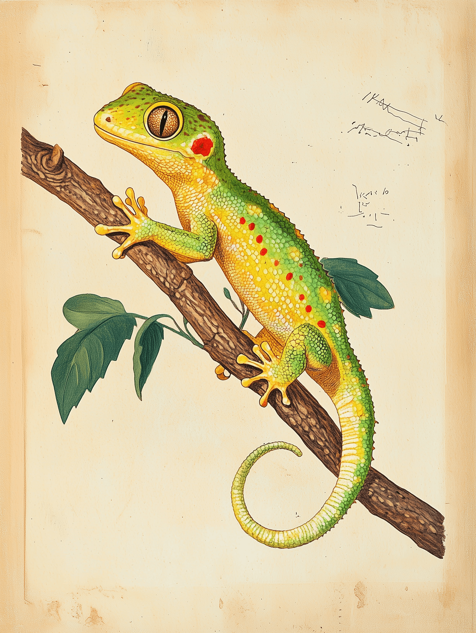 Gold dust day gecko on a branch with field notes, 18th century naturalist illustration style