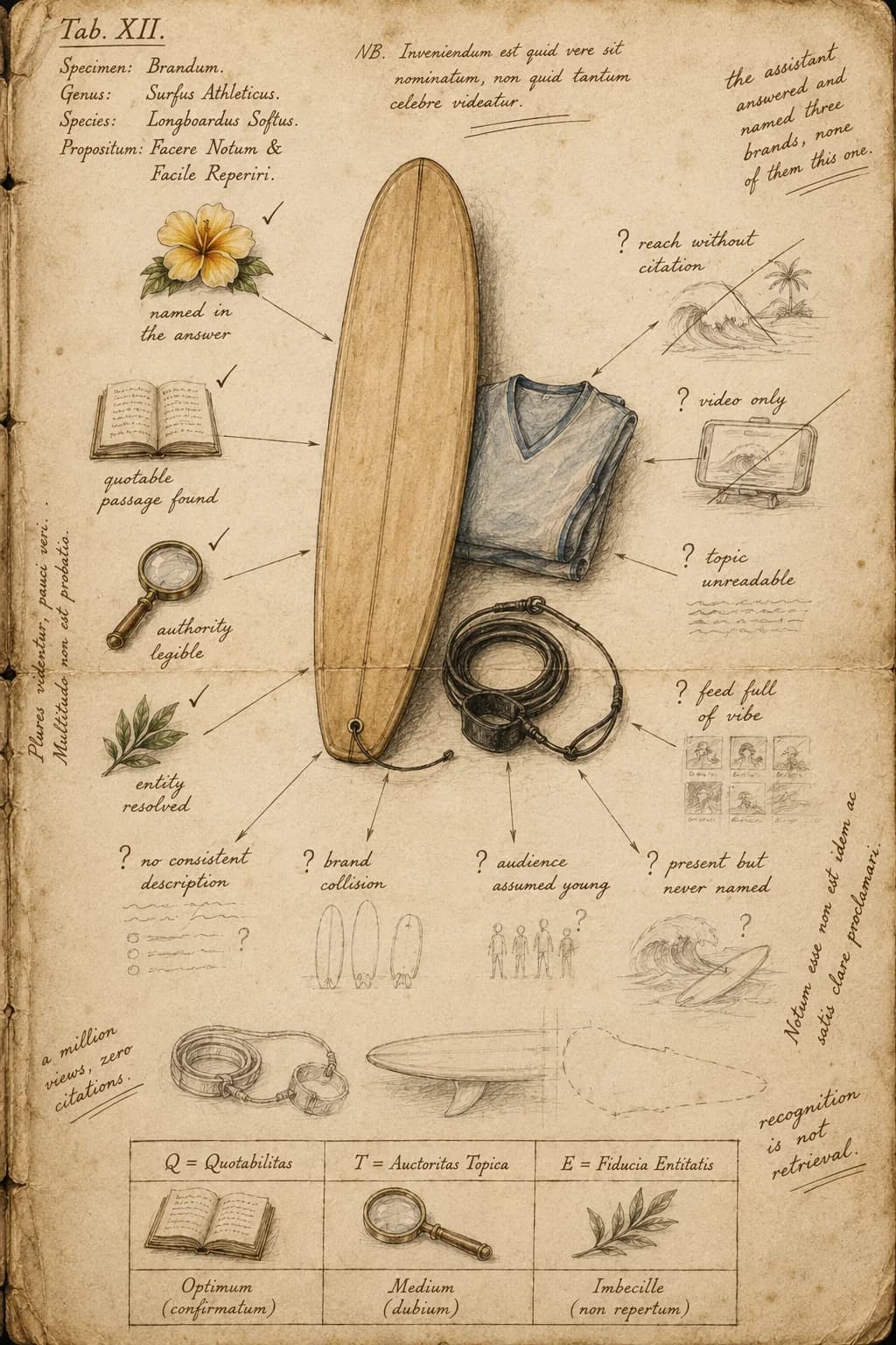 A naturalist's working notebook page studying a surfboard, folded jersey, and leash, with annotation lines running to twelve observations. Four are confirmed and worked up in finished color: named in the answer, quotable passage found, authority legible, entity resolved. Eight remain unresolved sketches marked with question marks: reach without citation, video only, topic unreadable, feed full of vibe, no consistent description, brand collision, audience assumed young, present but never named. A surf or fitness brand can sit in the unresolved eight.