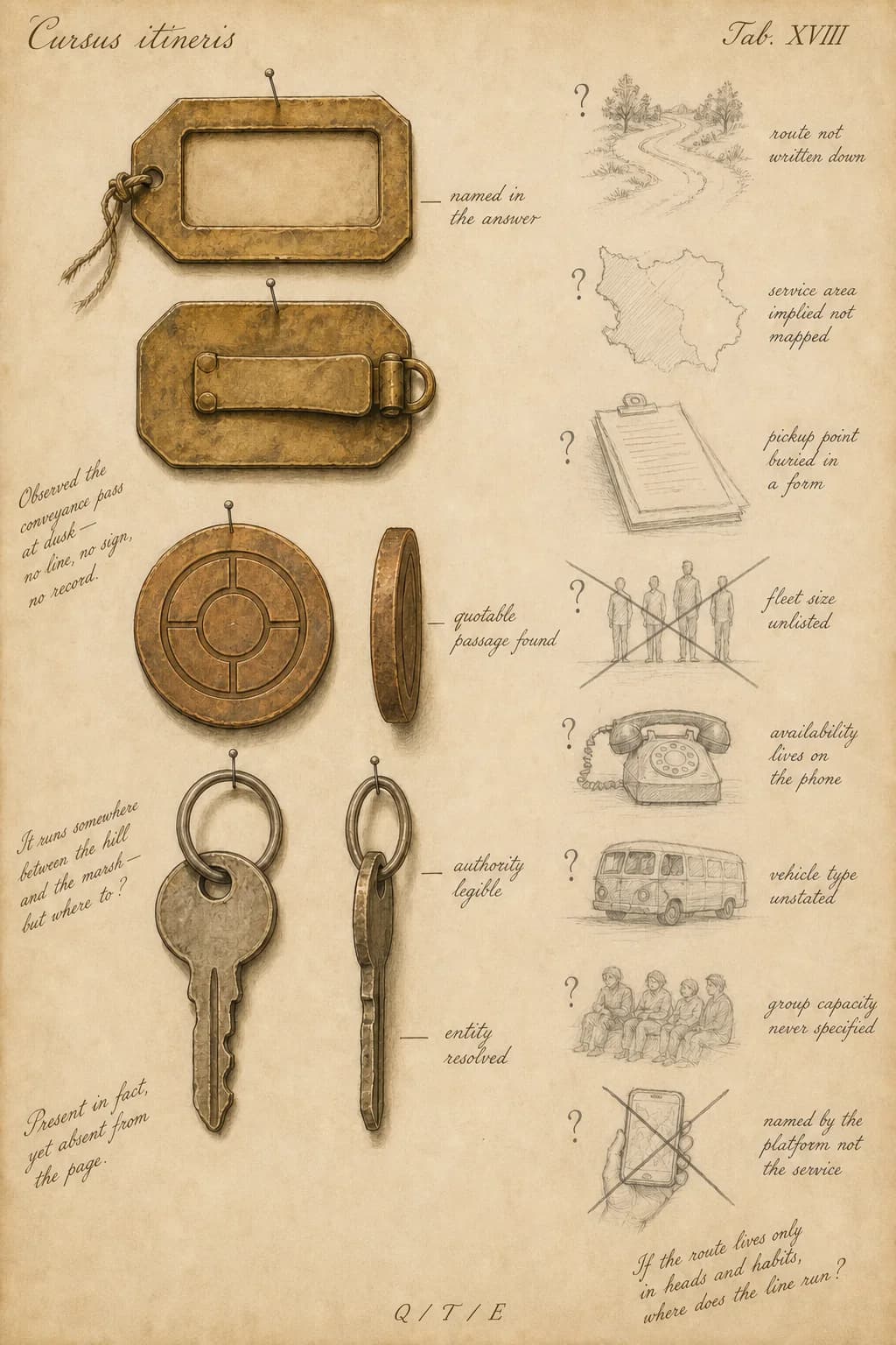 A naturalist's specimen plate titled Cursus itineris, Tab. XVIII. Three objects are drawn in finished ink and watercolor: a brass luggage tag with an empty name window shown front and back, a round boarding token with a stamped pattern shown face and edge, and a worn vehicle key on a split ring shown from two angles. Four are marked confirmed, named in the answer, quotable passage found, authority legible, entity resolved. Eight are left as unresolved graphite sketches, route not written down, service area implied not mapped, pickup point buried in a form, fleet size unlisted, availability lives on the phone, vehicle type unstated, group capacity never specified, and named by the platform not the service. A margin note reads: present in fact, yet absent from the page. The plate shows a service that runs real routes but keeps no written record a model could find.