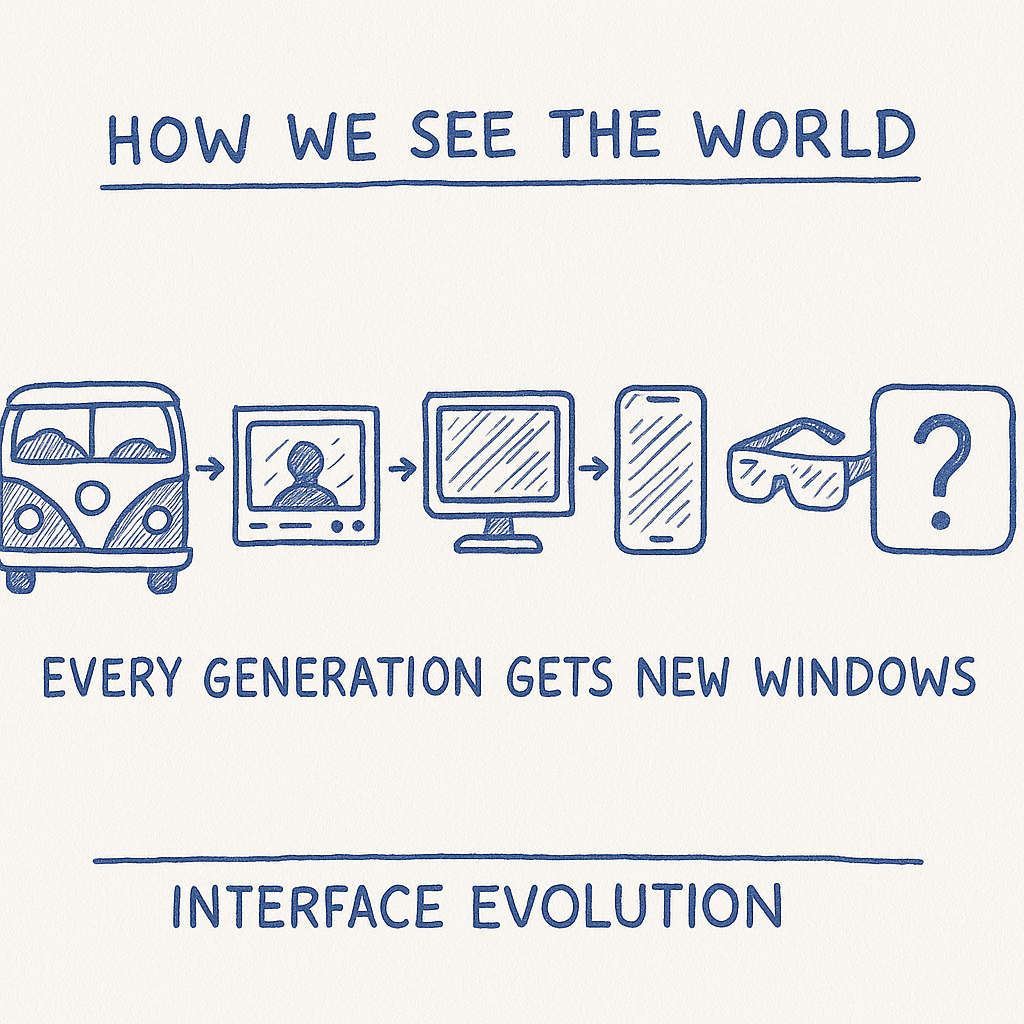 An illustration showing a vw bus then the various evolution of screens to smart glasses as world interfaces