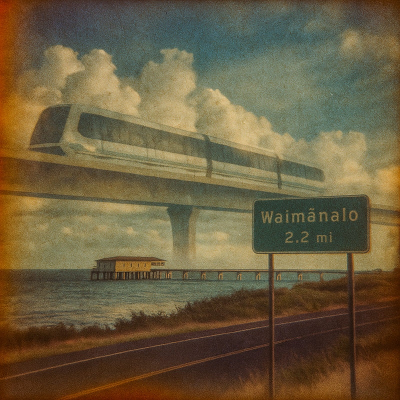 Highway sign reading 'Waimānalo 2.2 mi' with monorail tracks above and ocean view, representing the path forward for Hawaii businesses in conversational commerce.