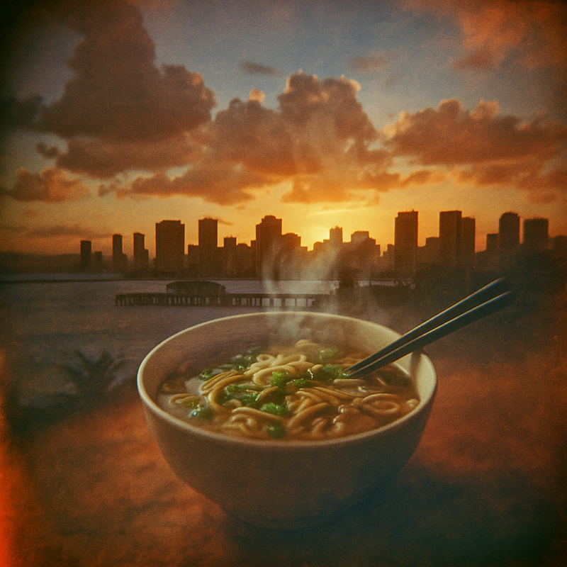 Bowl of noodles with chopsticks against Honolulu city skyline, representing how Hawaii businesses from local food to urban services all use conversational commerce.