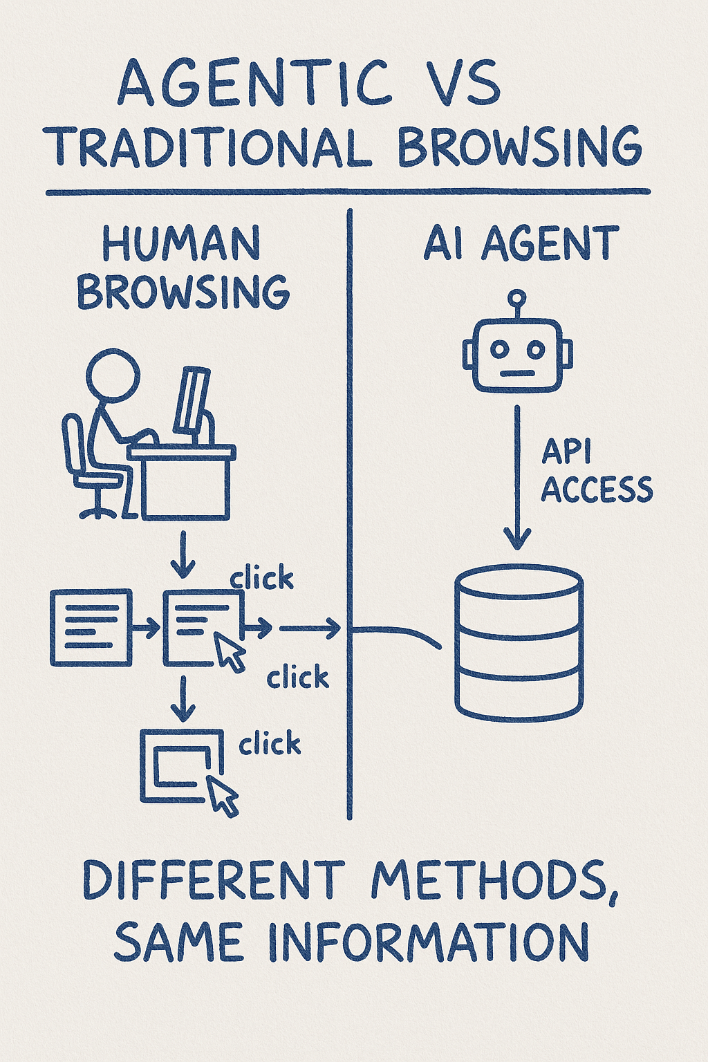 Hand-drawn comparison of traditional web browsing versus agentic browsing showing human clicking through pages versus AI directly accessing structured data
