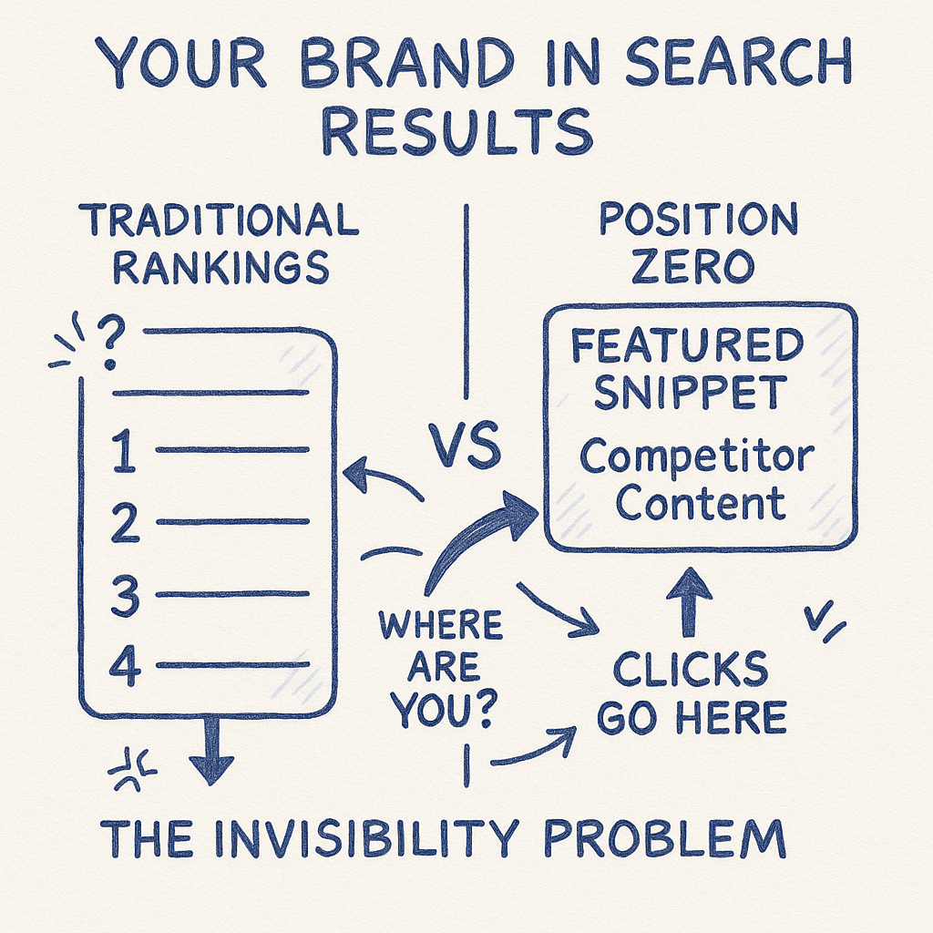Hand-drawn diagram contrasting traditional search rankings (numbered boxes 1-4) with position zero featured snippet containing competitor content, showing how clicks go to the featured snippet while other results are ignored, illustrating the invisibility problem.