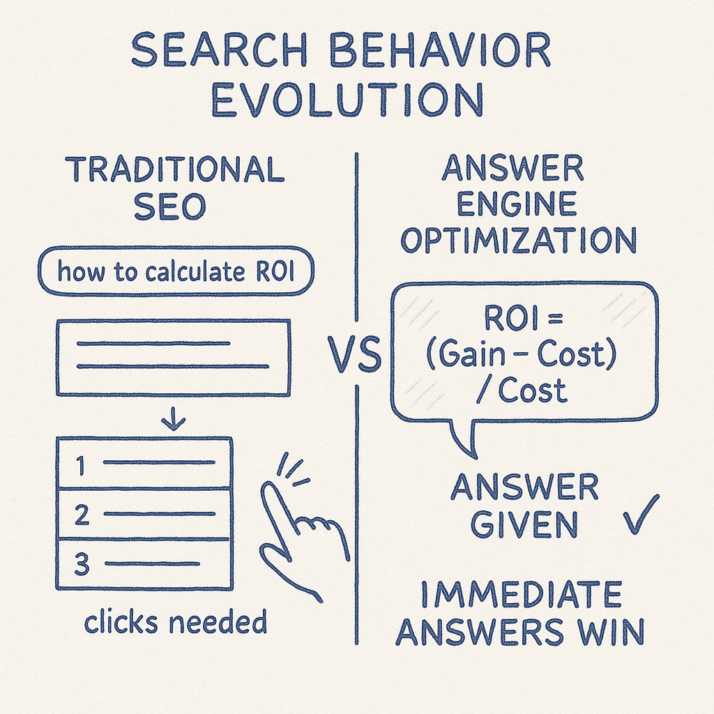 Hand-drawn diagram comparing traditional SEO (search bar, multiple result boxes, hand clicking through) versus answer engine optimization (same search query but direct answer given in featured snippet), illustrating the evolution from clicks needed to immediate answers.