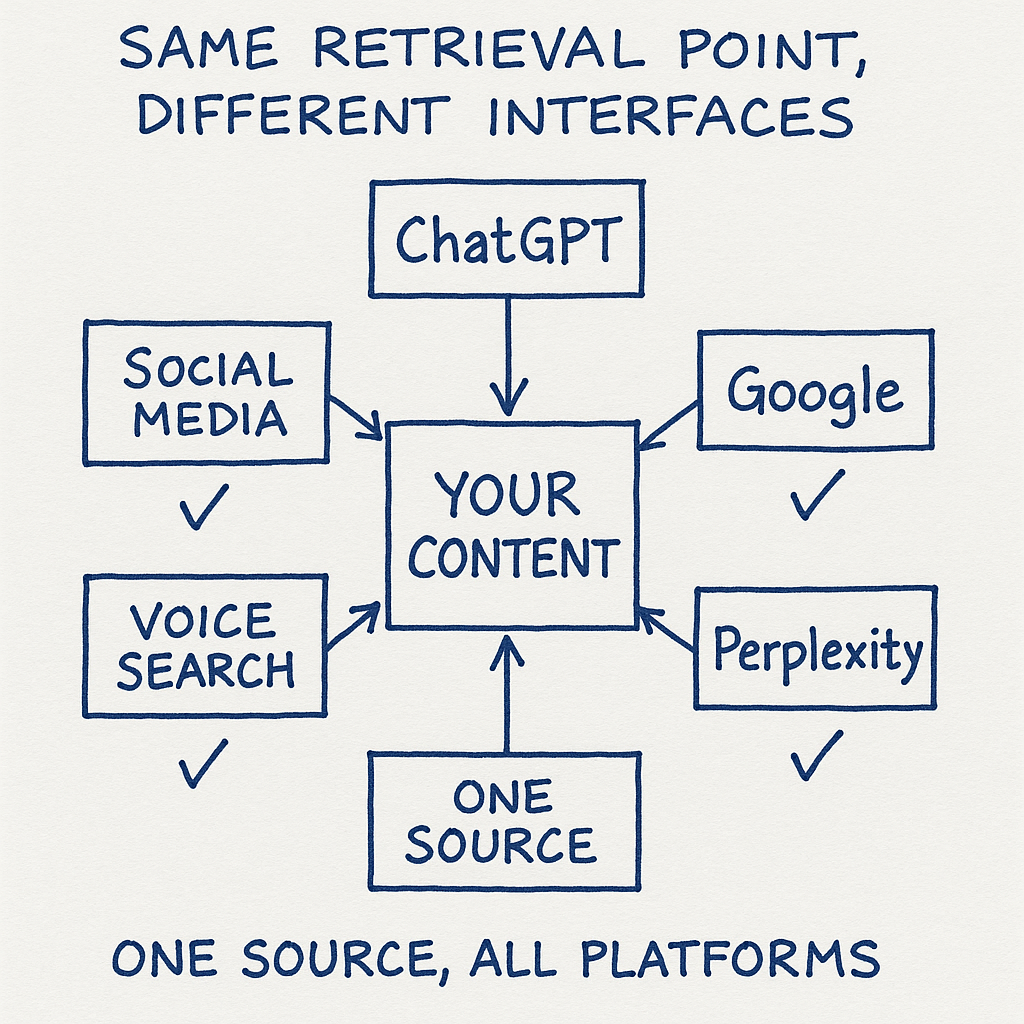 A hub and spoke diagram of how optimizing for the retrieval layer covers all sources