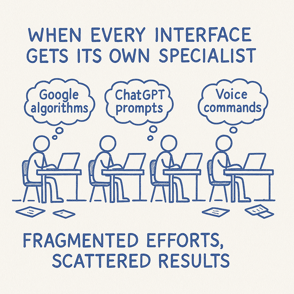 Illustrated image of people at desks demonstrating fragmented efforts for platforms search