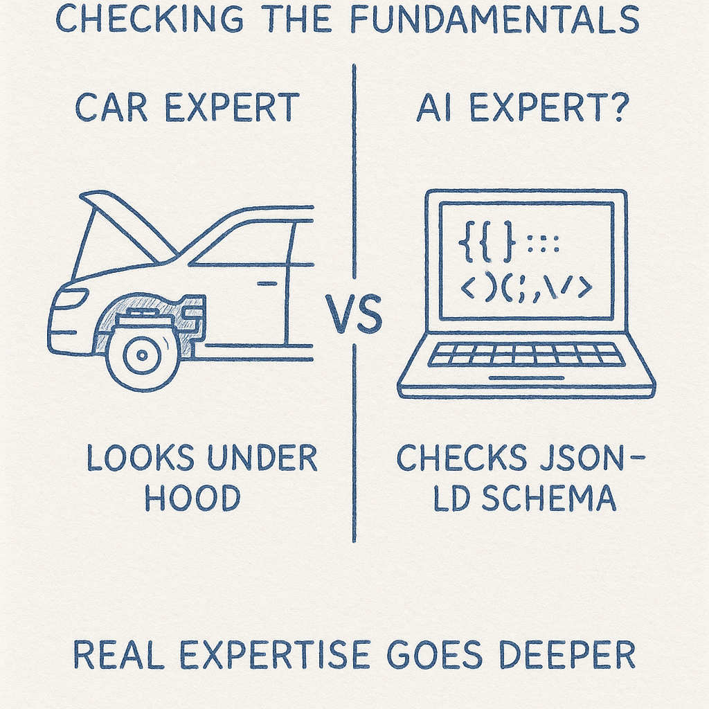 An image of a car and a laptop to illustrate someone that knows something always looks under the hood