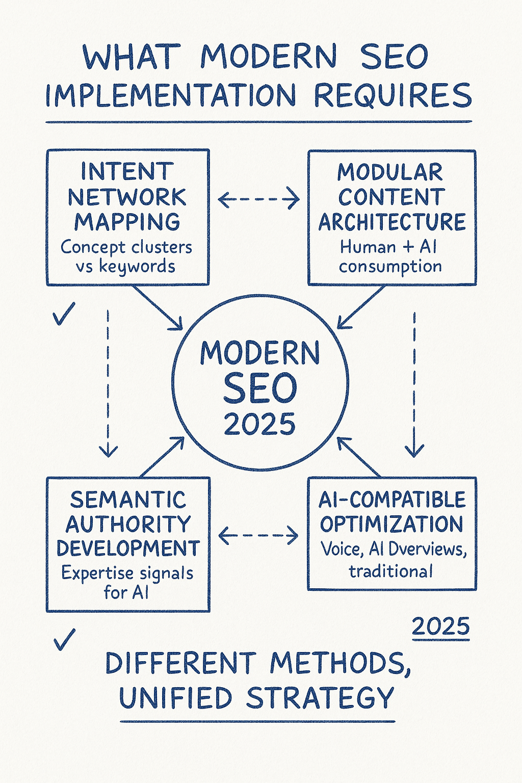Illustrated graphic showing a unified SEO strategy for 2025