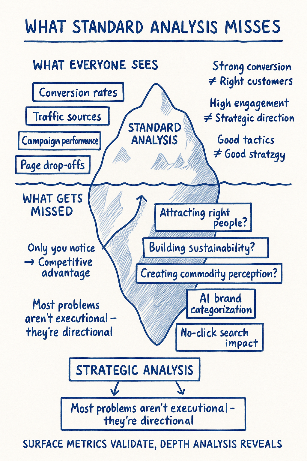 A hand drawn floating iceberg illustrating standard vs strategic analysis