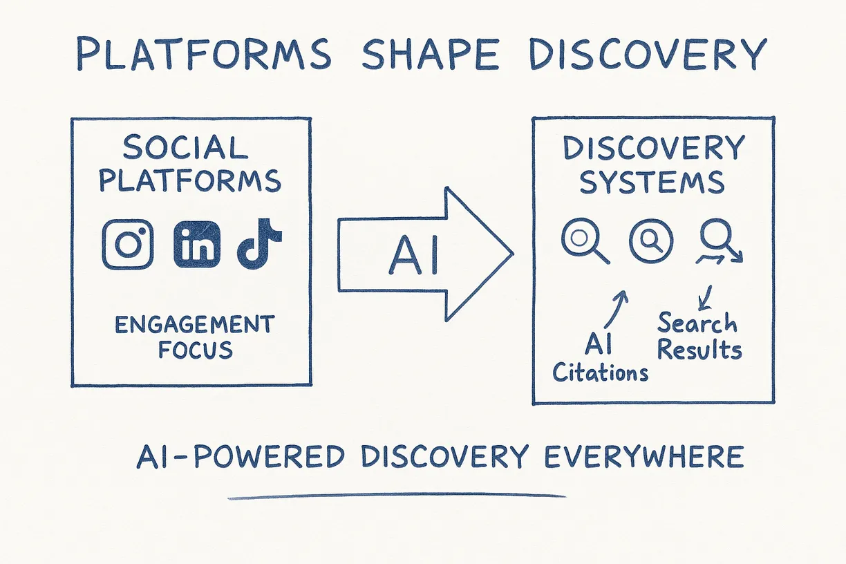 A hand drawn illustration showing that AI cites social media and prompts discovery 
