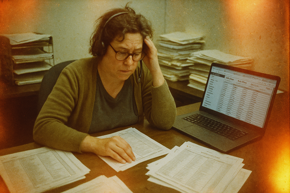 Overwhelmed clinic coordinator at desk with stacks of intake forms and laptop showing waitlist spreadsheet
