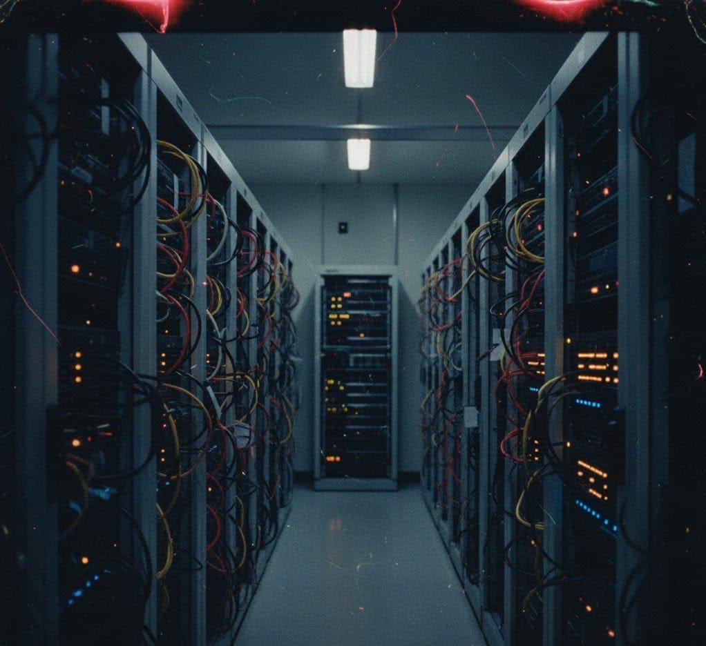 A server room with vintage style used to convey how ai stores data for answers now.