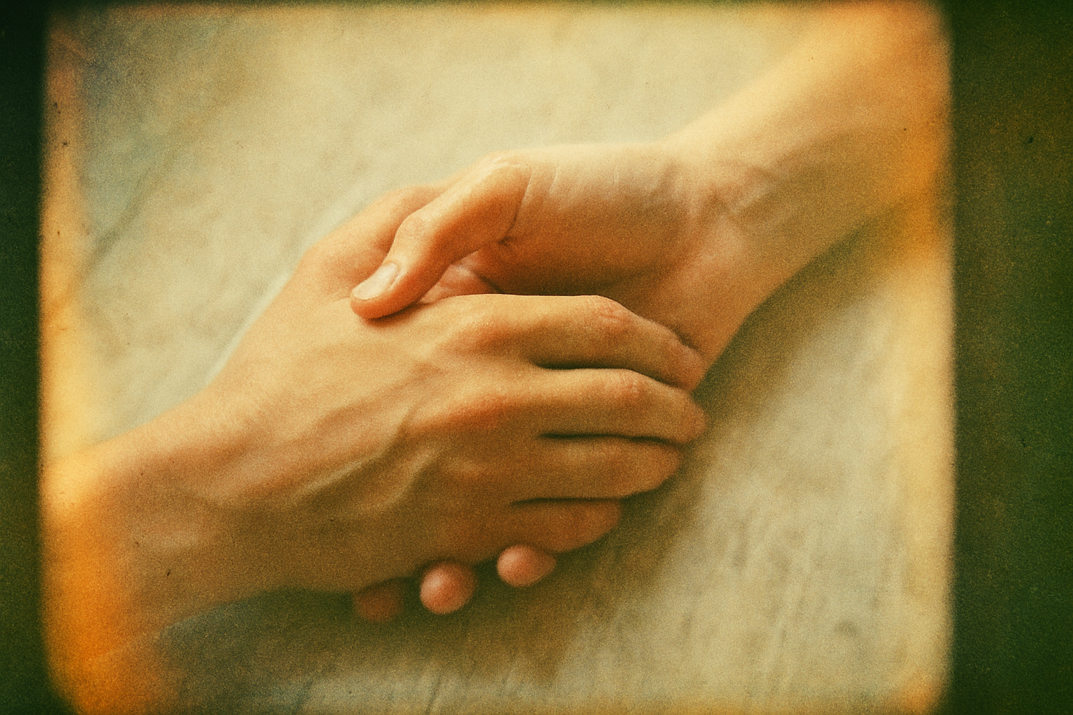 Vintage film photograph of two hands gently holding each other in soft natural light, conveying trust and care