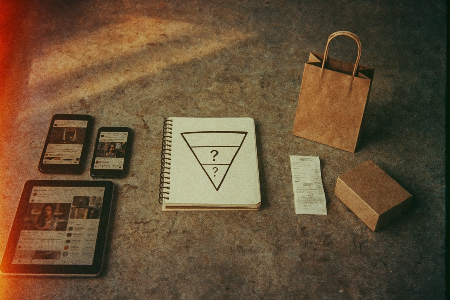 Vintage film photo showing three stages arranged on concrete: devices with social feeds (left), notebook with funnel diagram (center), shopping bag and receipt (right)