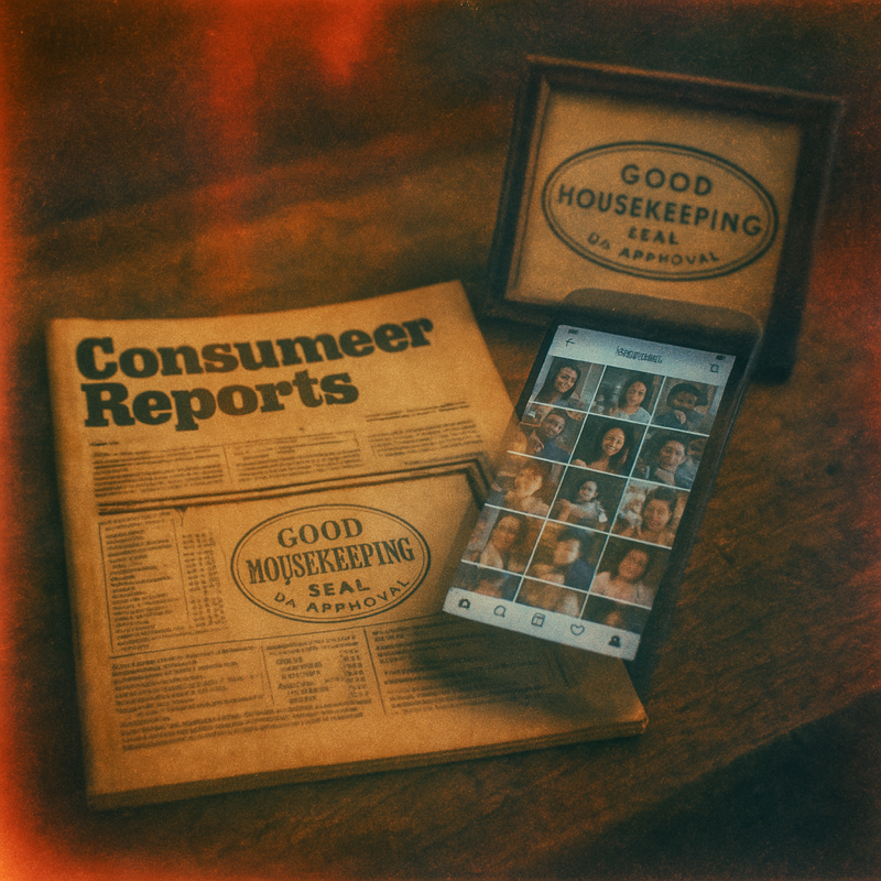 Vintage Holga photo of Consumer Reports magazine and Good Housekeeping Seal certificate on wooden table with smartphone showing Instagram grid of user faces in warm sepia tones.