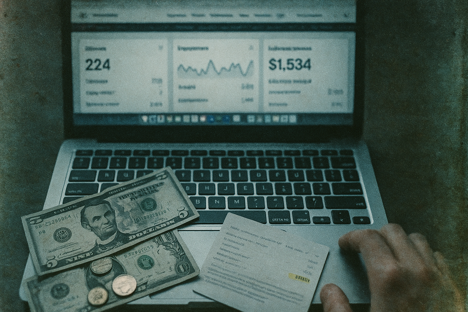 Vintage film photo of laptop showing analytics dashboard with engagement metrics, dollar bills and coins scattered on keyboard next to bank statement held by hand at edge of frame